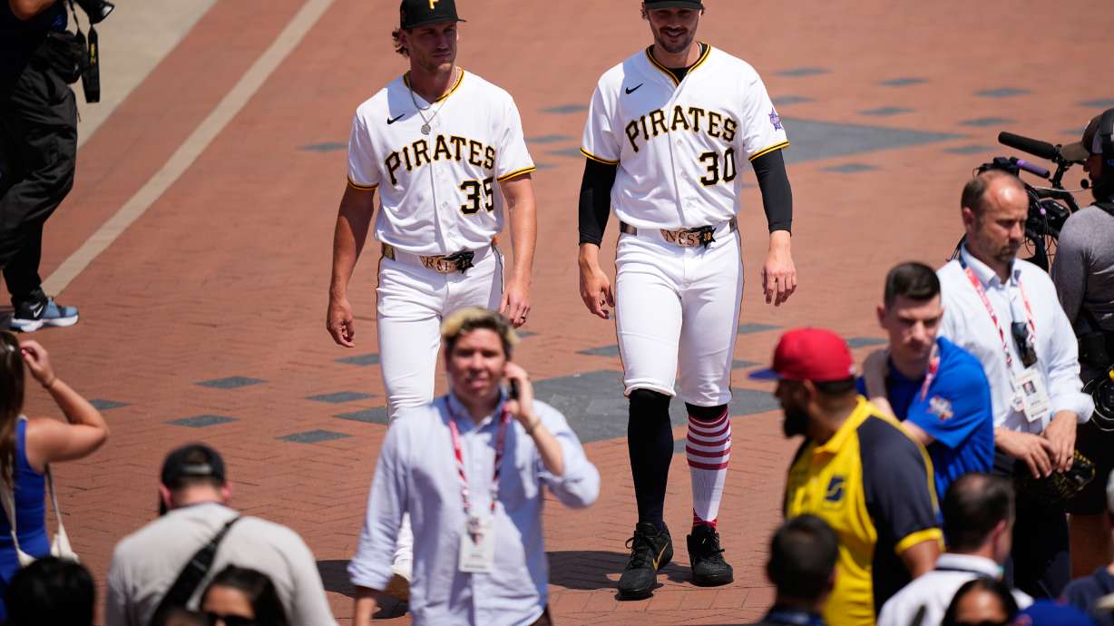 Pittsburgh Pirates' Braxton Ashcraft, left, and Paul Skenes arrive to speak with the media during the MLB baseball All-Star Week, Monday, July 13, 2026, in Philadelphia.