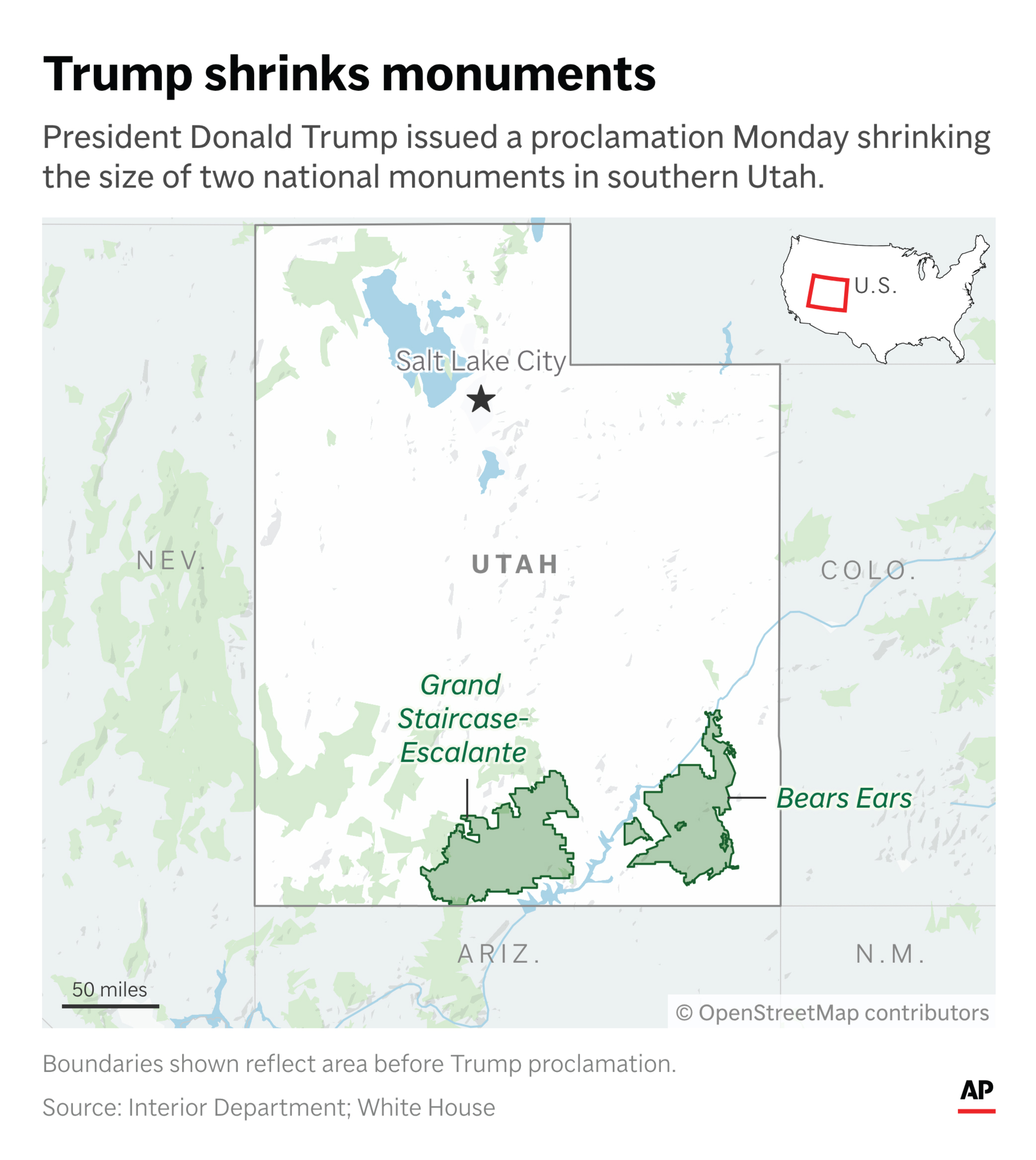 Two national monuments in southern Utah will see their boundaries shrink.