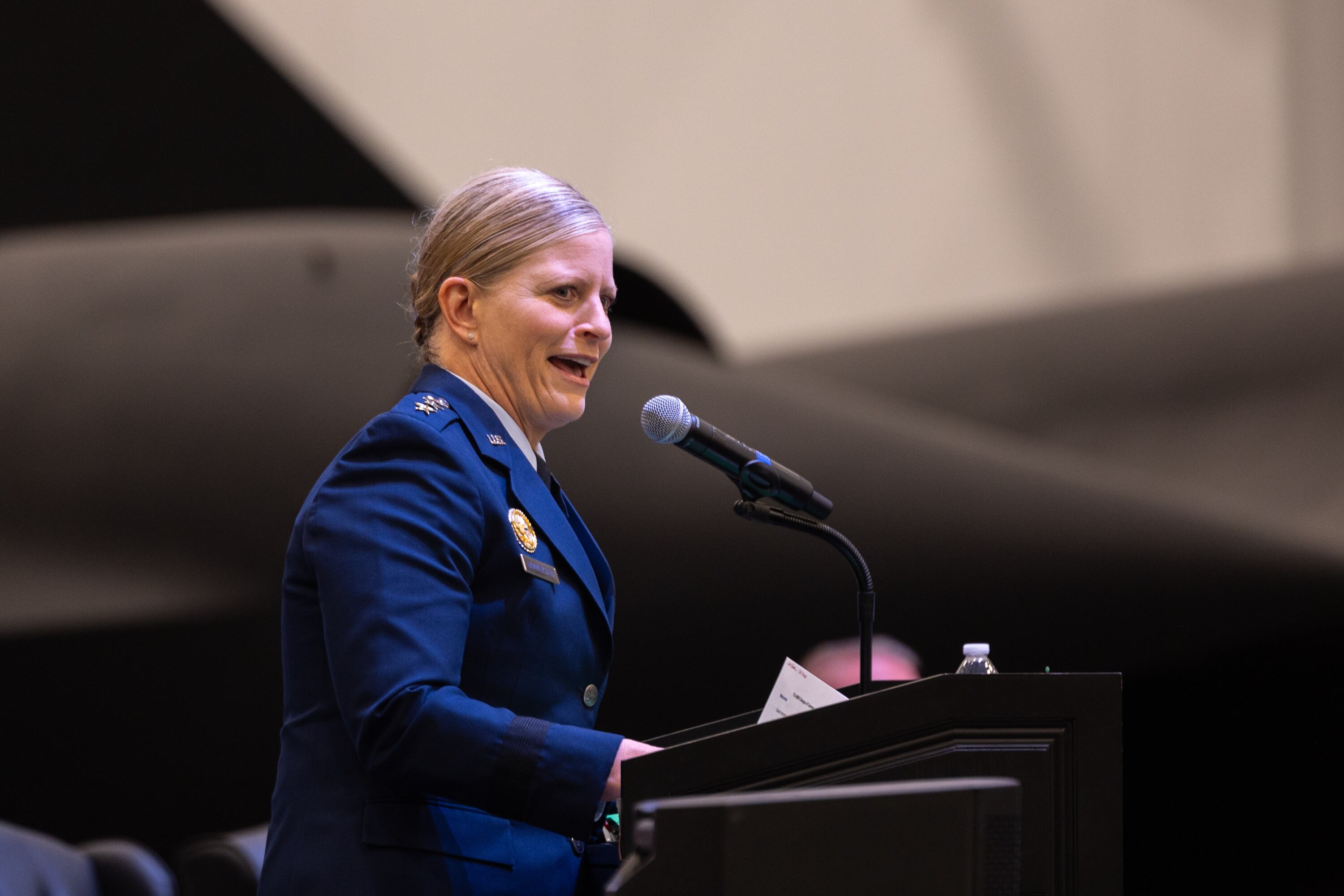 Lt. Gen. Jennifer Hammerstedt speaks during a change of command ceremony at the Hill Aerospace Museum on Monday.