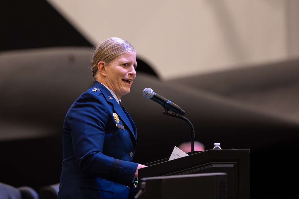 Lt. Gen. Jennifer Hammerstedt speaks during a change of command ceremony at the Hill Aerospace Museum on Monday.