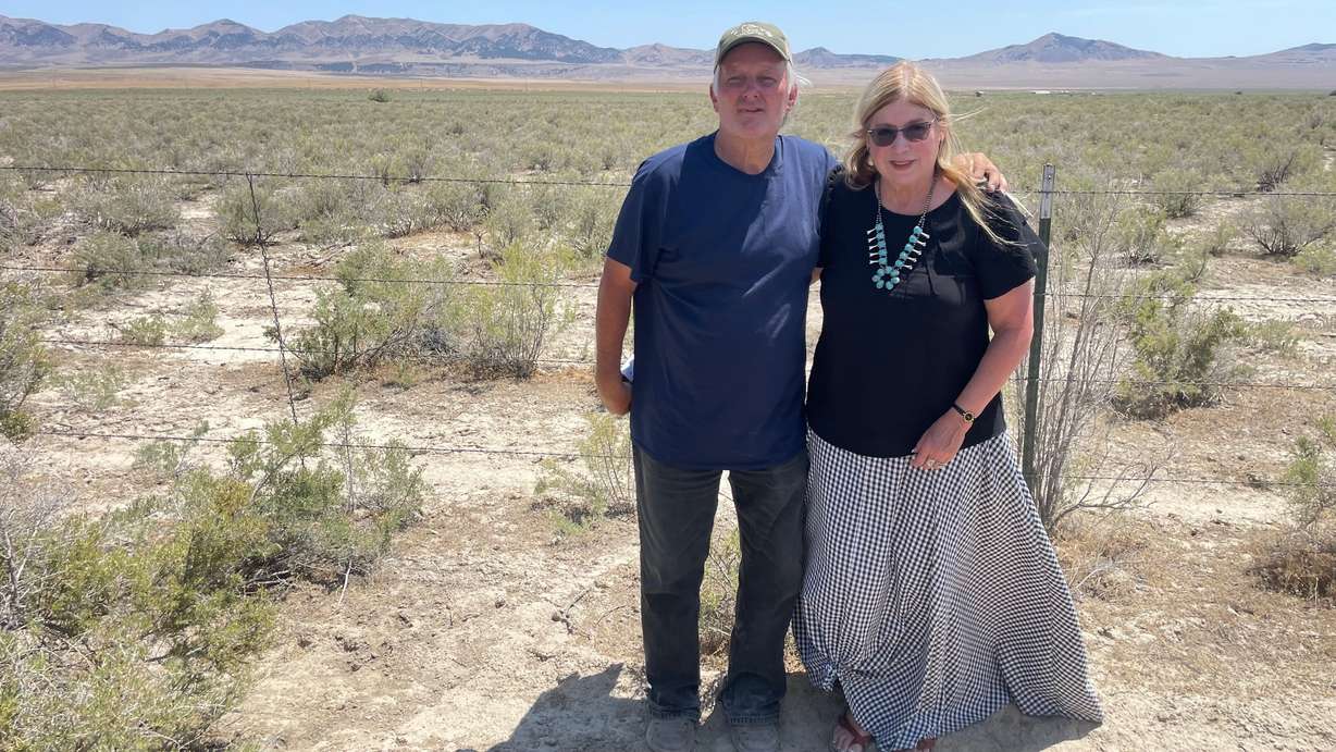 Alan Williams and his wife Brenna Williams are pictured Monday, July 13, 2026, in the Hansel Valley in Box Elder County, site of a proposed data center. They helped lead a tour of the area by opponents of the data center plans.
