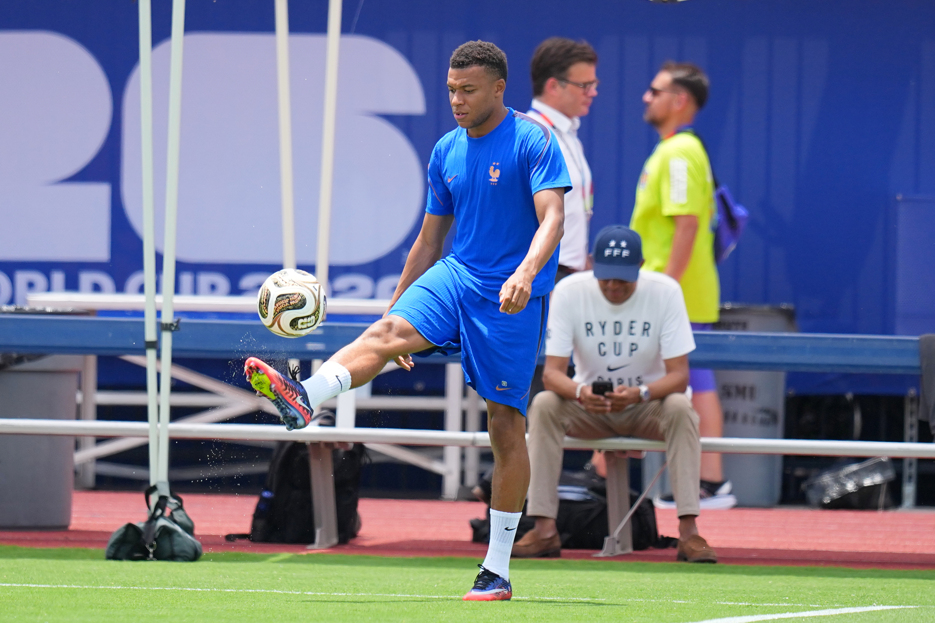France's Kylian Mbappe participates in a training session ahead of the team's semifinal soccer match against Spain, Monday, July 13, 2026, in Dallas. 