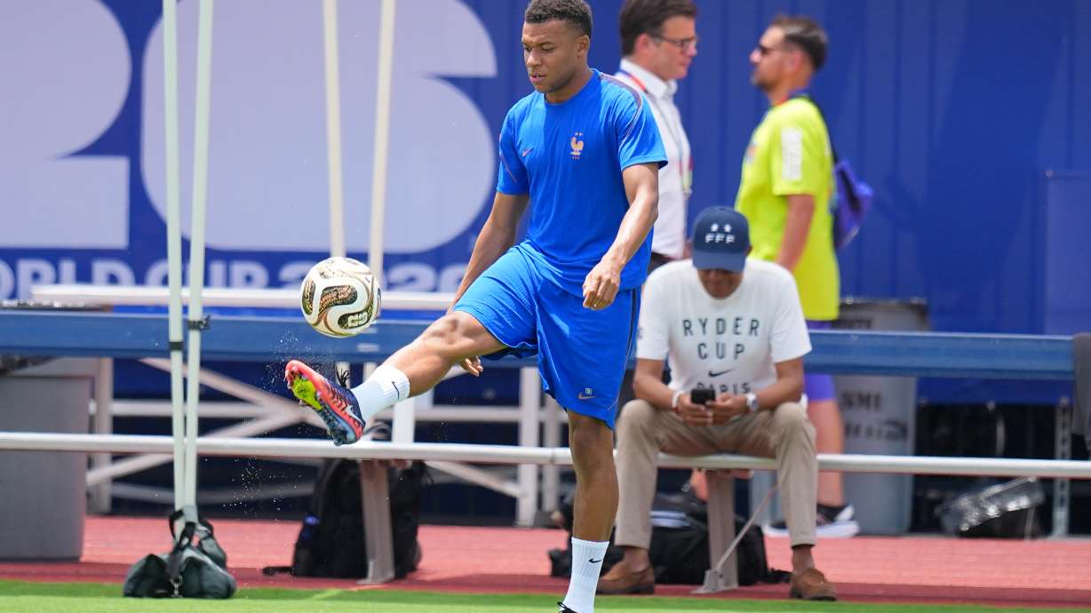 France's Kylian Mbappe participates in a training session ahead of the team's semifinal soccer match against Spain, Monday, July 13, 2026, in Dallas.