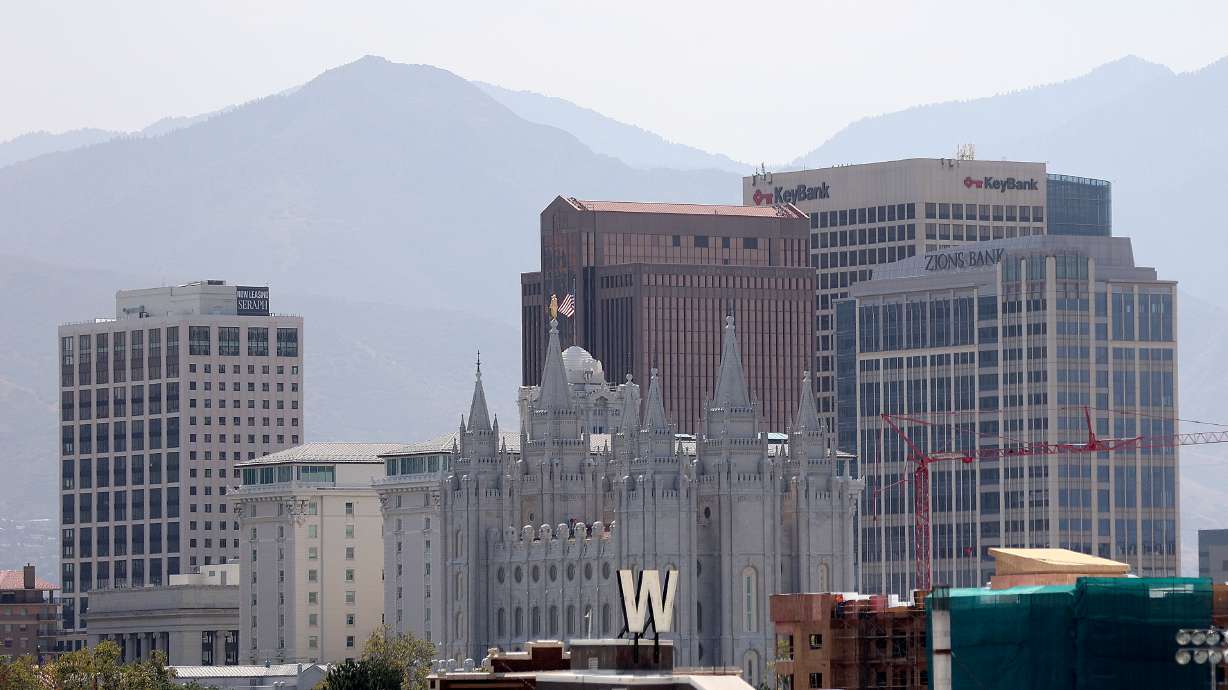 Downtown Salt Lake City in front of the Wasatch Mountains, as seen from Camber, in Salt Lake City on Monday. Visit Salt Lake launched a new tourism campaign celebrating the city's proximity to the mountains.