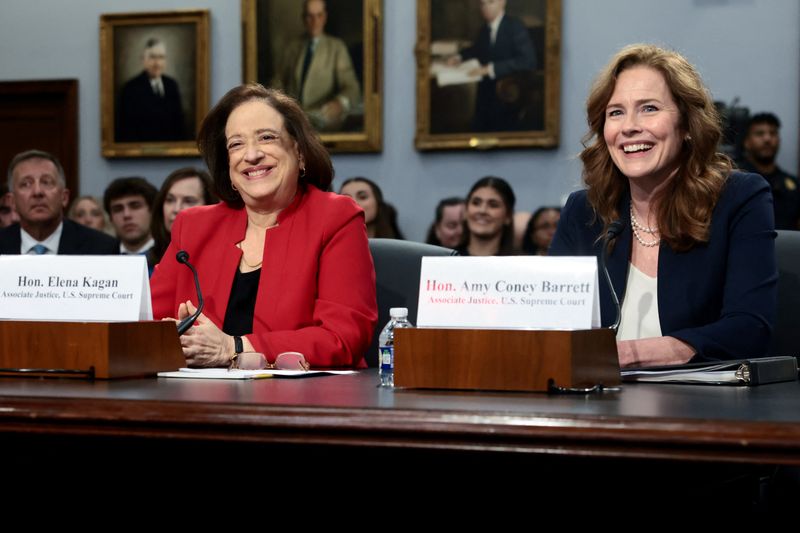 Supreme Court Justices Amy Coney Barrett and Elena Kagan at a House subcommittee hearing on the Supreme Court's annual budget request to Congress on Capitol Hill in Washington, Tuesday. Barrett was a target of a "swatting" hoax less than six weeks ago.