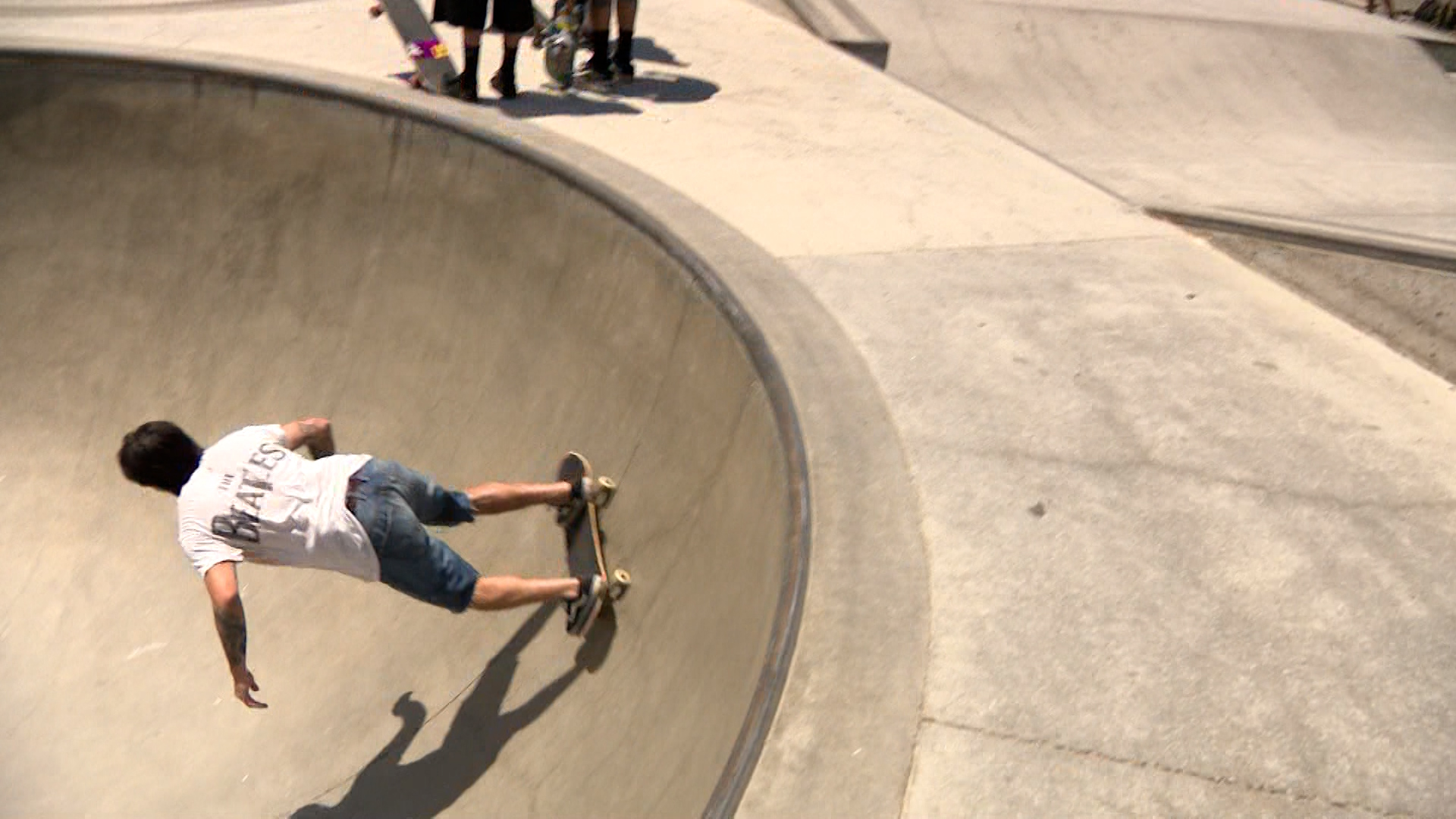 Skateboarders at Venice Beach Skatepark in Los Angeles are pictured.