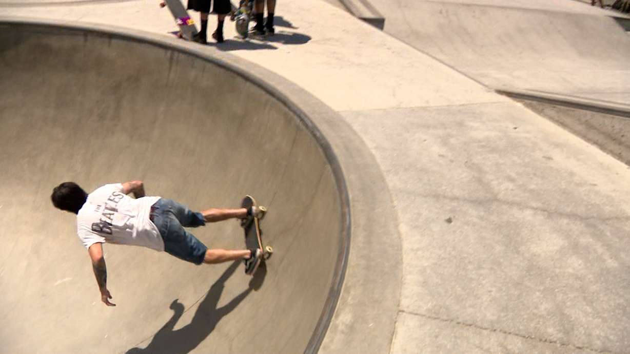 Skateboarders at Venice Beach Skatepark in Los Angeles are pictured.