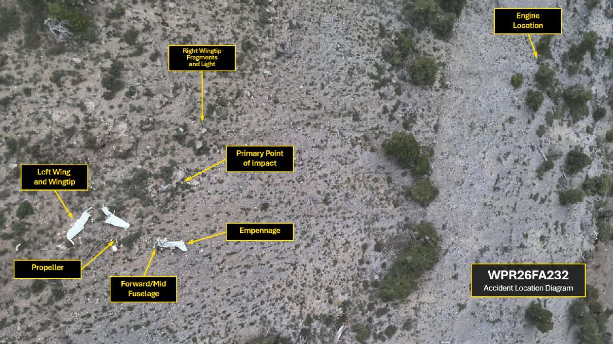 An overhead photo taken at the scene of a plane crash in Willard, Box Elder County shows the crash site and wreckage of a Cessna 172S. The crash, which killed the pilot, the lone occupant, occurred on June 23.