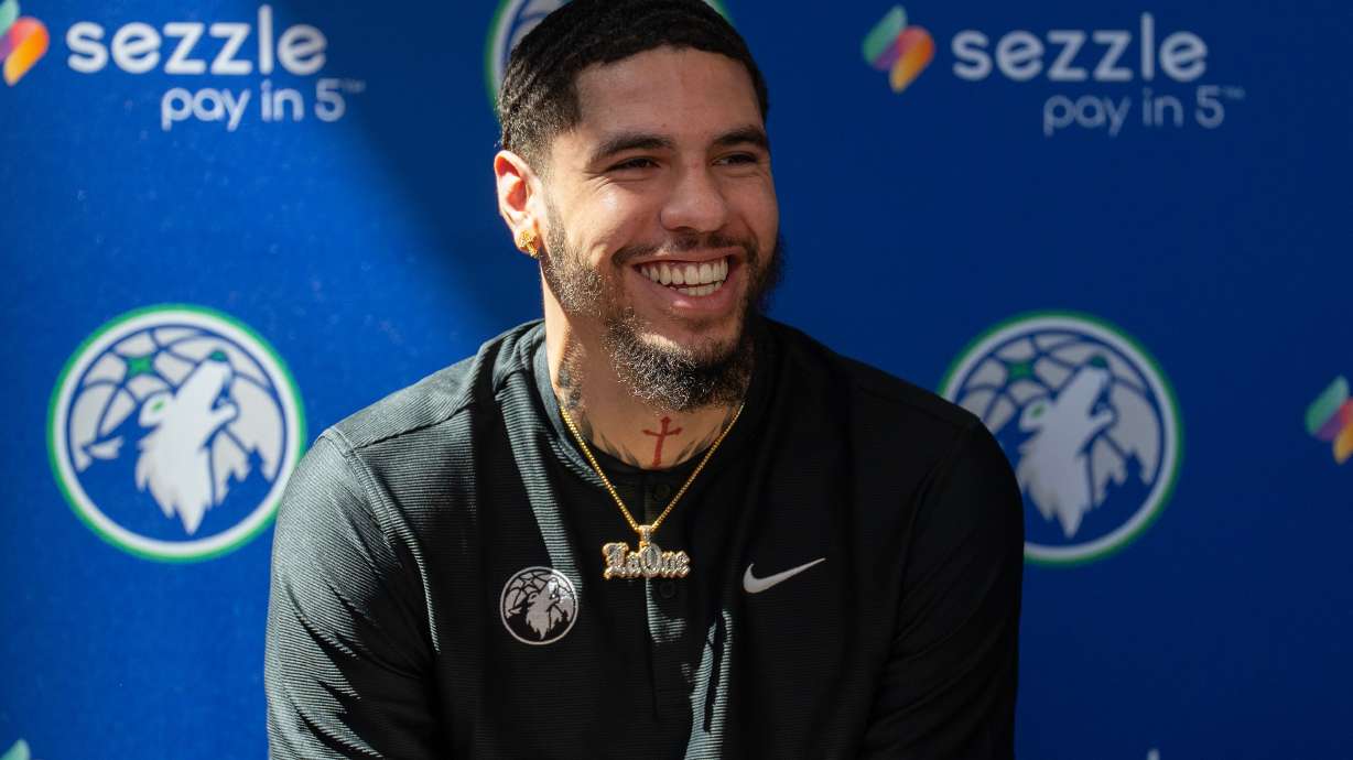 Minnesota Timberwolves newly-acquired point guard LaMelo Ball laughs during an introductory press conference at the Target Center in Minneapolis on Tuesday, July 14, 2026.