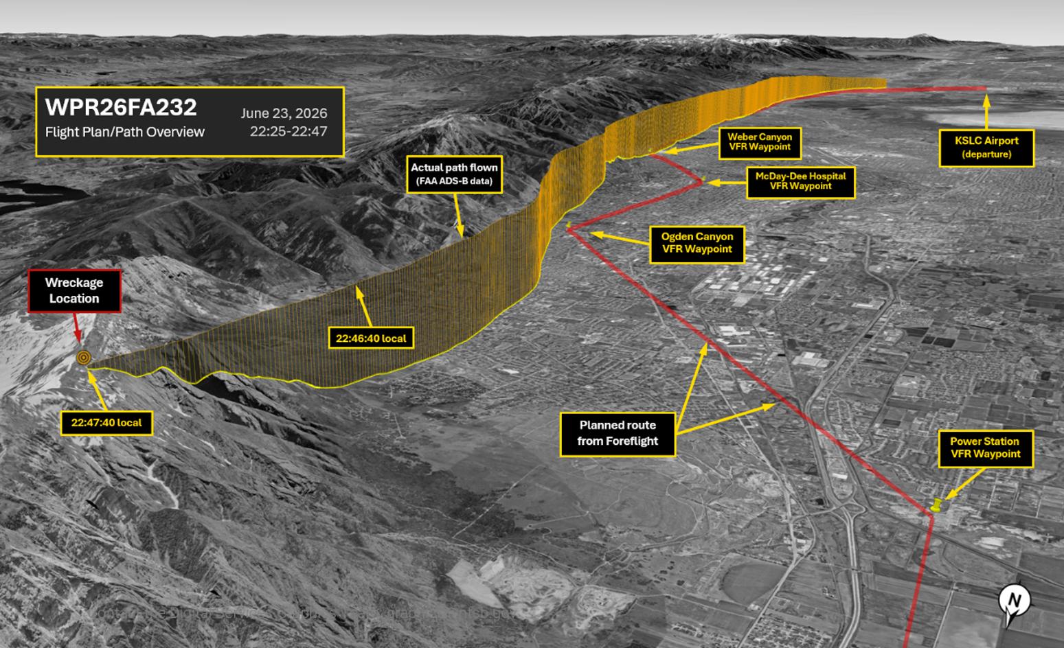 This graphic shows the path of a Cessna 172S that crashed near Willard Peak on June 23, 2026. According to the graphic, the red line was the preplanned flight path while the amber path shows the actual flight path.