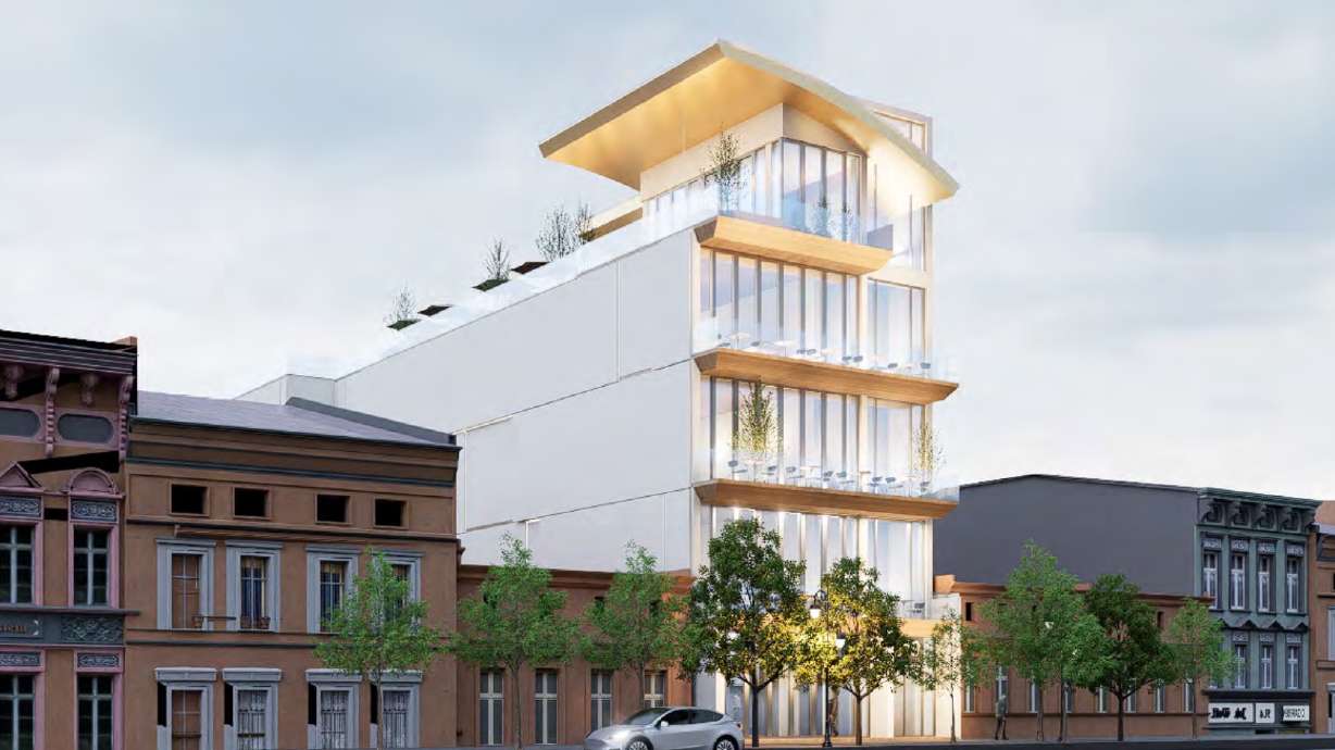 A rendering of a proposed new building for Main Street where London Belle Supper Club and Los Tapatios previously stood. The Salt Lake City Community Reinvestment Agency approved a $2 million disaster loan on Tuesday that will help the project move forward after the building was destroyed by a fire last year.