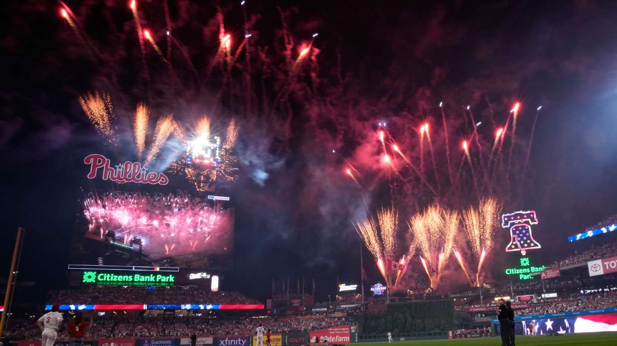 Fireworks explode during the MLB baseball All-Star Game between the American League and National League, Tuesday, July 14, 2026, in Philadelphia.