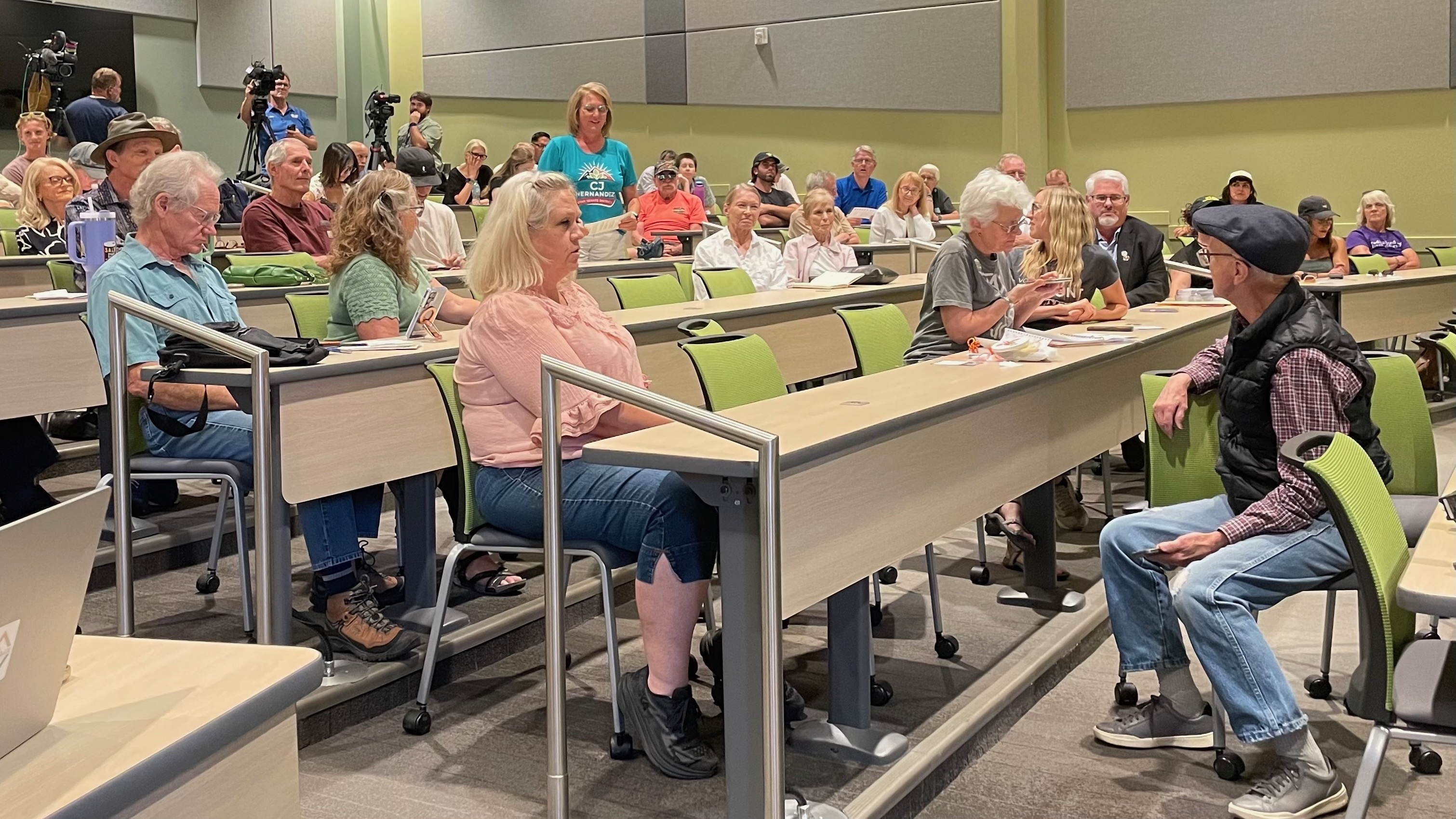 A woman speaks at a forum on the controversial Box Elder County data center plans on Tuesday at the Utah State University Brigham City campus.