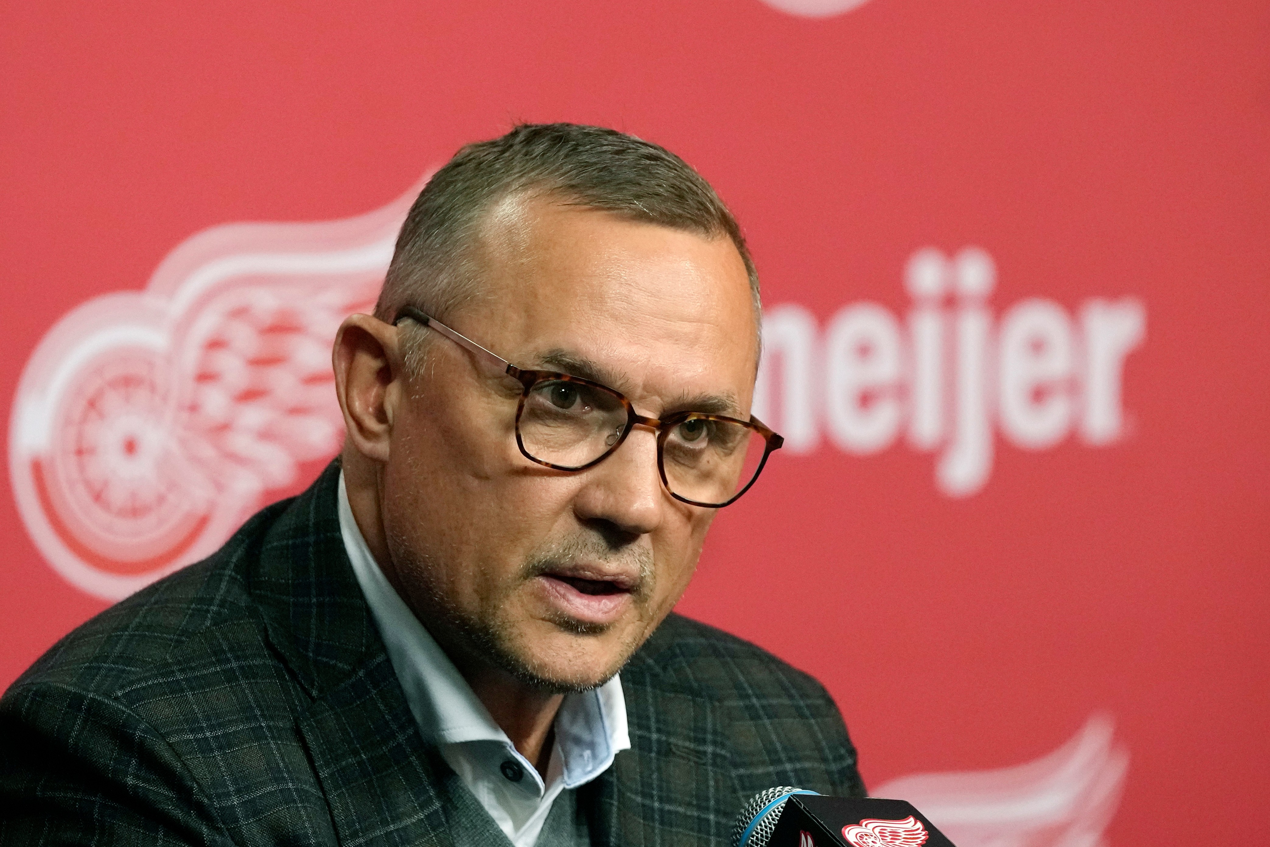FILE - The then-Detroit Red Wings executive VP/general manager Steve Yzerman speaks to the media following their NHL hockey season, Friday, April 19, 2024, in Detroit. 