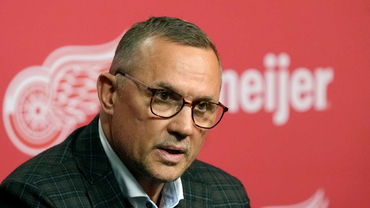 FILE - The then-Detroit Red Wings executive VP/general manager Steve Yzerman speaks to the media following their NHL hockey season, Friday, April 19, 2024, in Detroit.