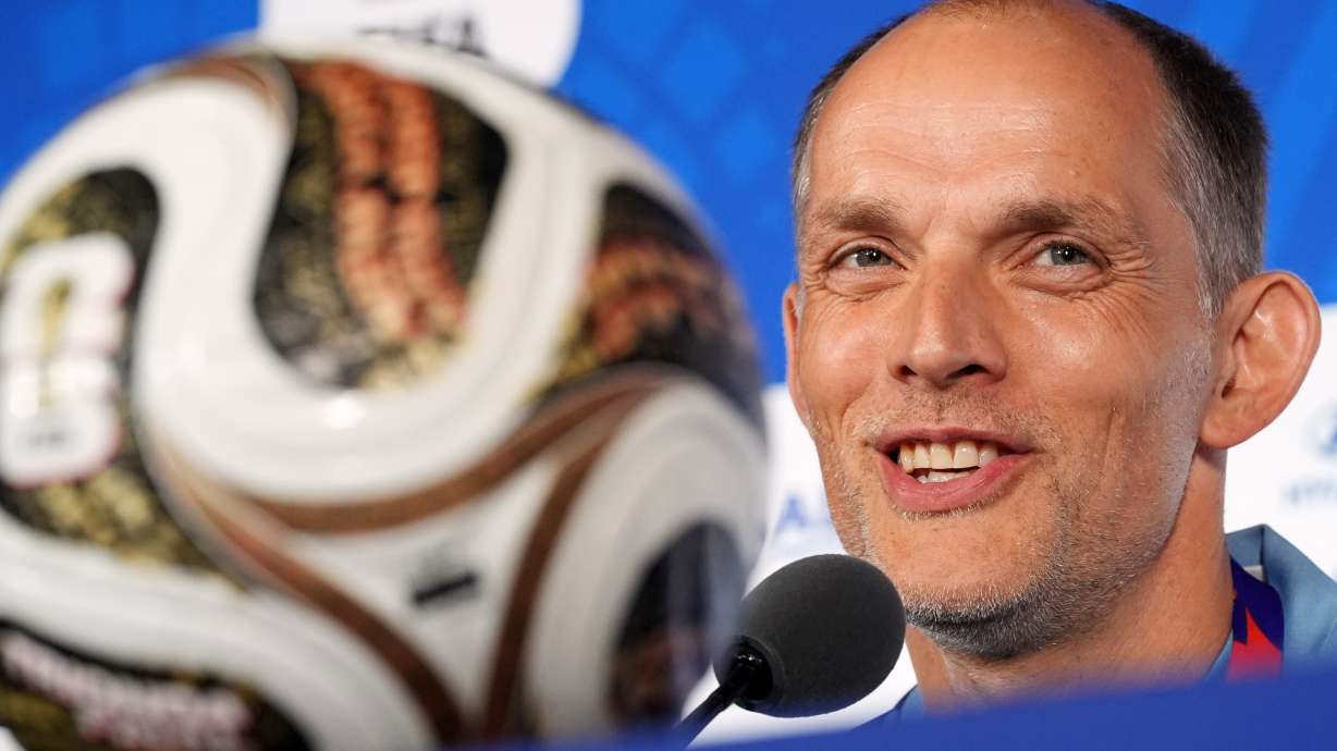 England head coach Thomas Tuchel speaks during a press conference on the eve of England's World Cup semifinal soccer match against Argentina, in Atlanta, Tuesday, July 14, 2026.