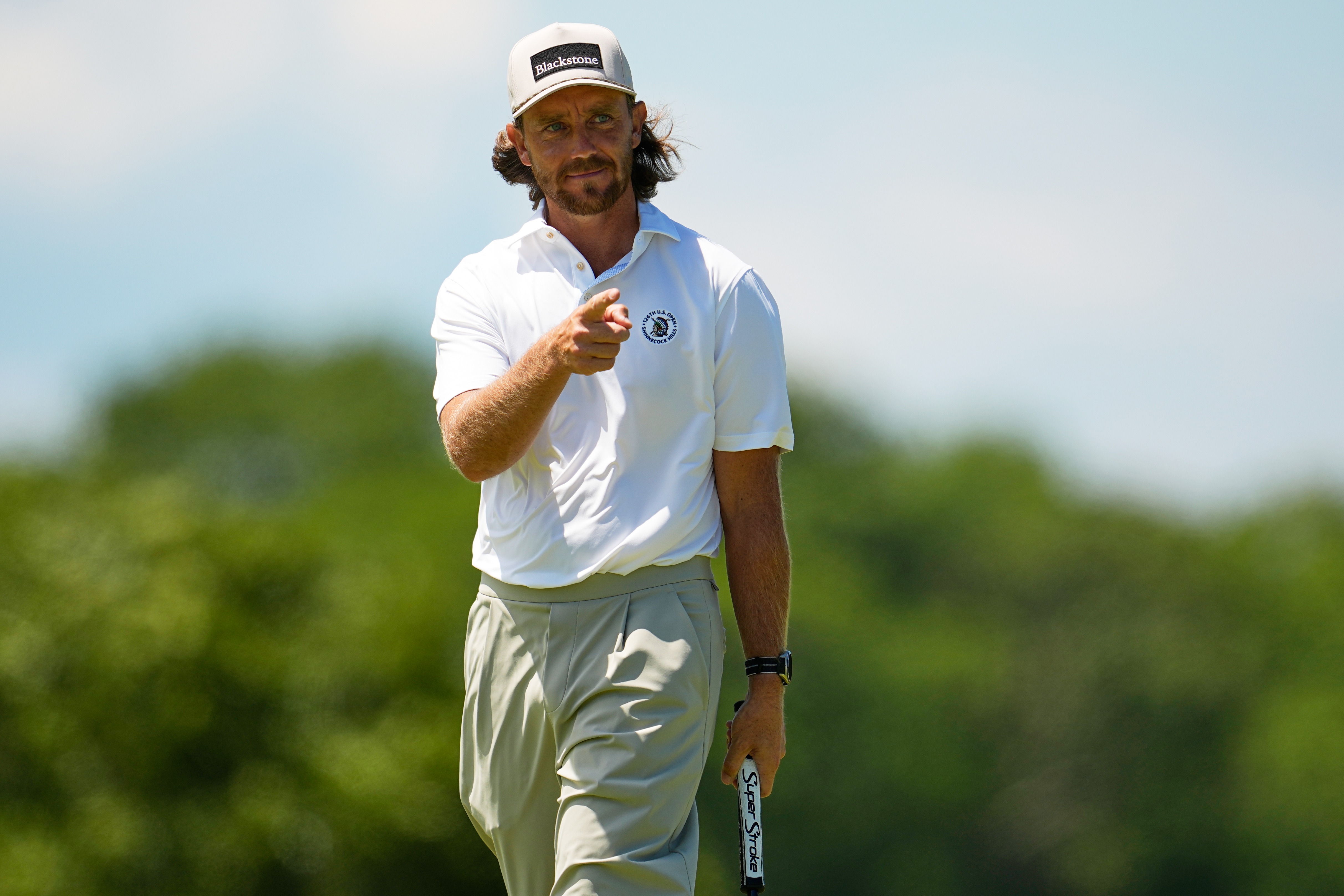 Tommy Fleetwood, of England, celebrates after a birdie on the second hole during the final round of the U.S. Open golf tournament at Shinnecock Hills Golf Club in Southampton, N.Y., Sunday, June 21, 2026. 