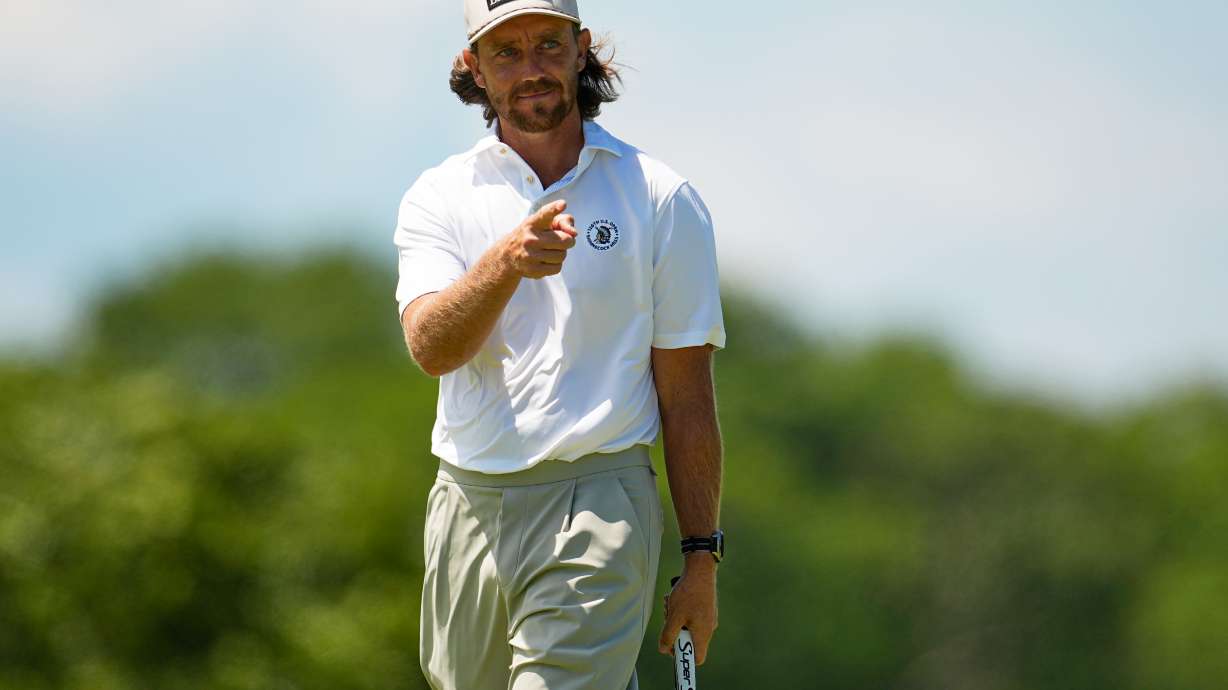 Tommy Fleetwood, of England, celebrates after a birdie on the second hole during the final round of the U.S. Open golf tournament at Shinnecock Hills Golf Club in Southampton, N.Y., Sunday, June 21, 2026.