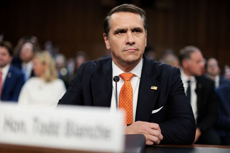 Acting Attorney General Todd Blanche before a Senate Judiciary Committee confirmation hearing on his nomination to be attorney general, on Capitol Hill in Washington, Wednesday. Blanche is facing questions on multiple issues during the hearing.