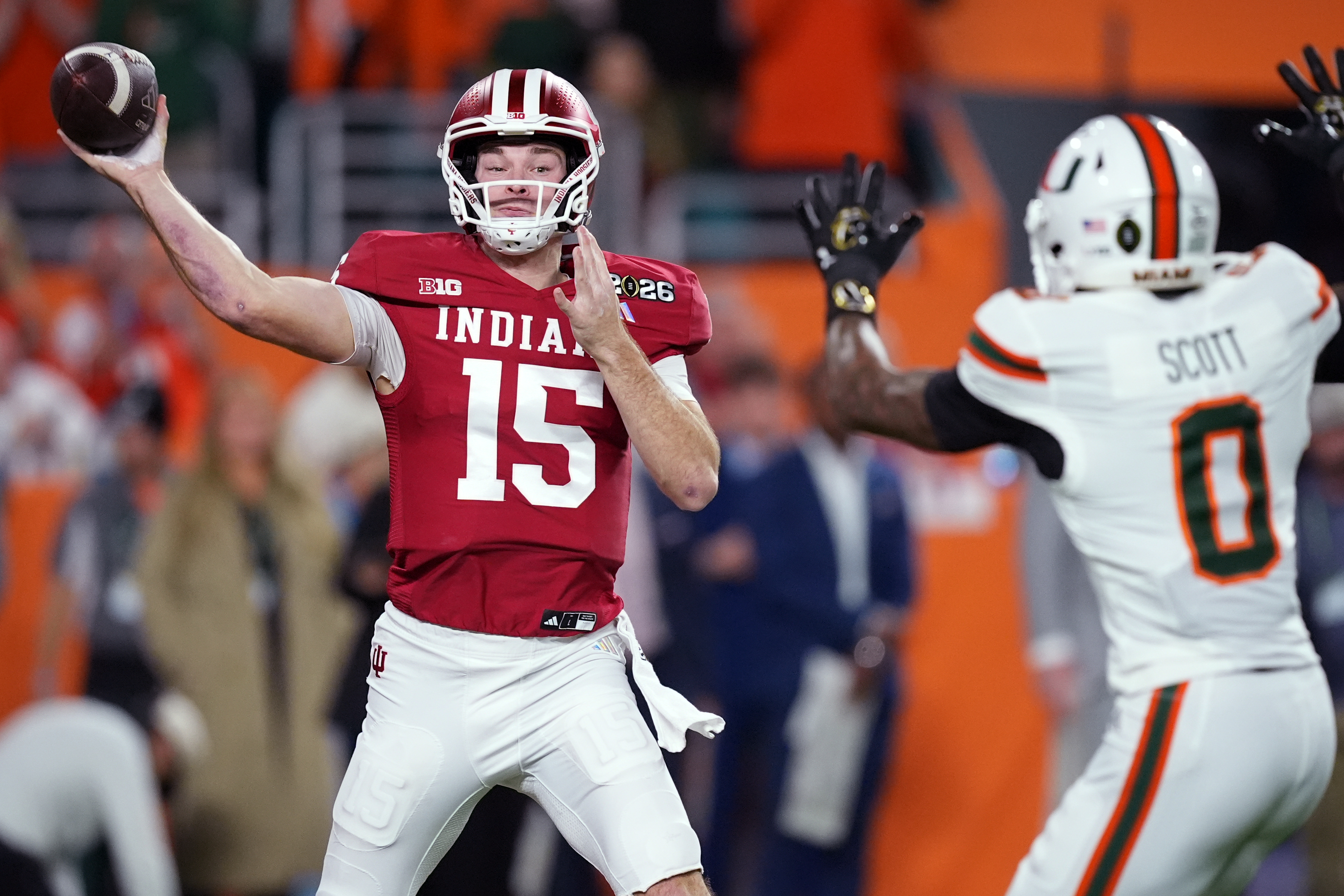 FILE - Indiana quarterback Fernando Mendoza passes against Miami during the first half of the College Football Playoff national championship game, Jan. 19, 2026, in Miami Gardens, Fla. 