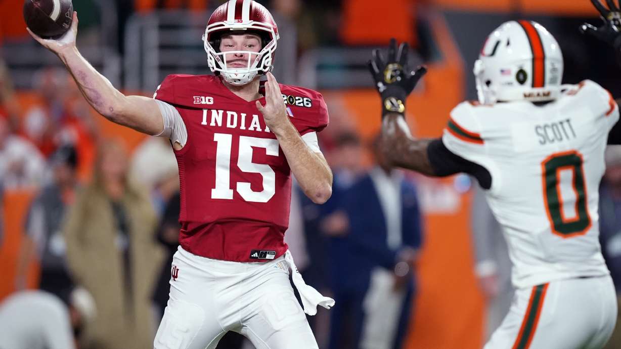 FILE - Indiana quarterback Fernando Mendoza passes against Miami during the first half of the College Football Playoff national championship game, Jan. 19, 2026, in Miami Gardens, Fla.