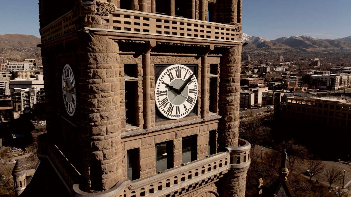 The clock on the Salt Lake City and County Building is pictured on March 4. Two acts related to daylight saving time with similar names and different agendas have representatives debating around the clock — literally — in Congress.