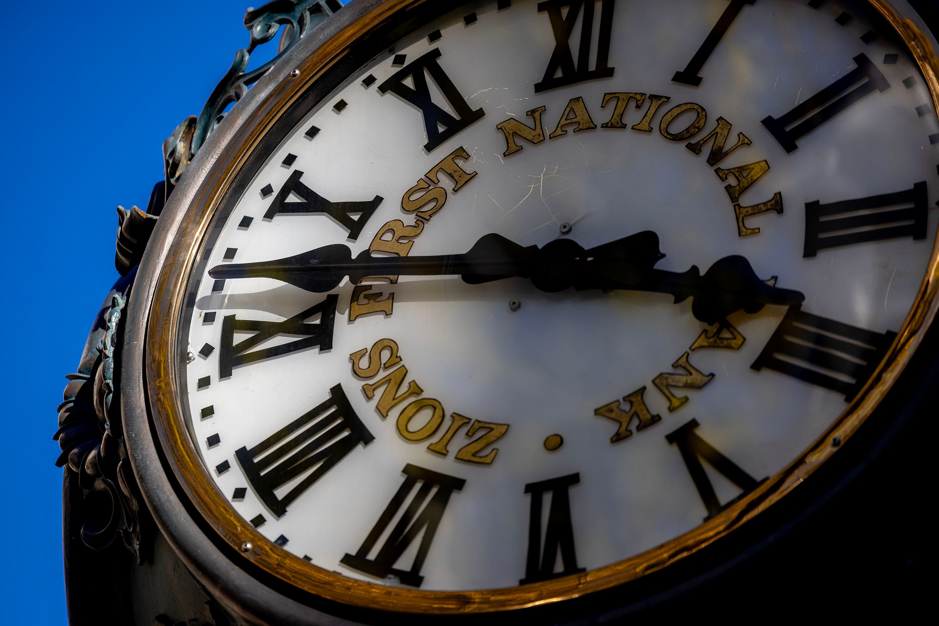 The Zions Bank clock in downtown Salt Lake City on Oct. 31, 2025. Two bills on daylight saving time with similar names and different agendas are on the table in Congress.