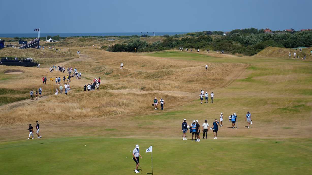 Bernd Wiesberger of Austria walks up to the pin flag on the 9th green during a practice round for the British Open Golf championships at Royal Birkdale golf club, in Southport, England, Wednesday, July 15, 2026.
