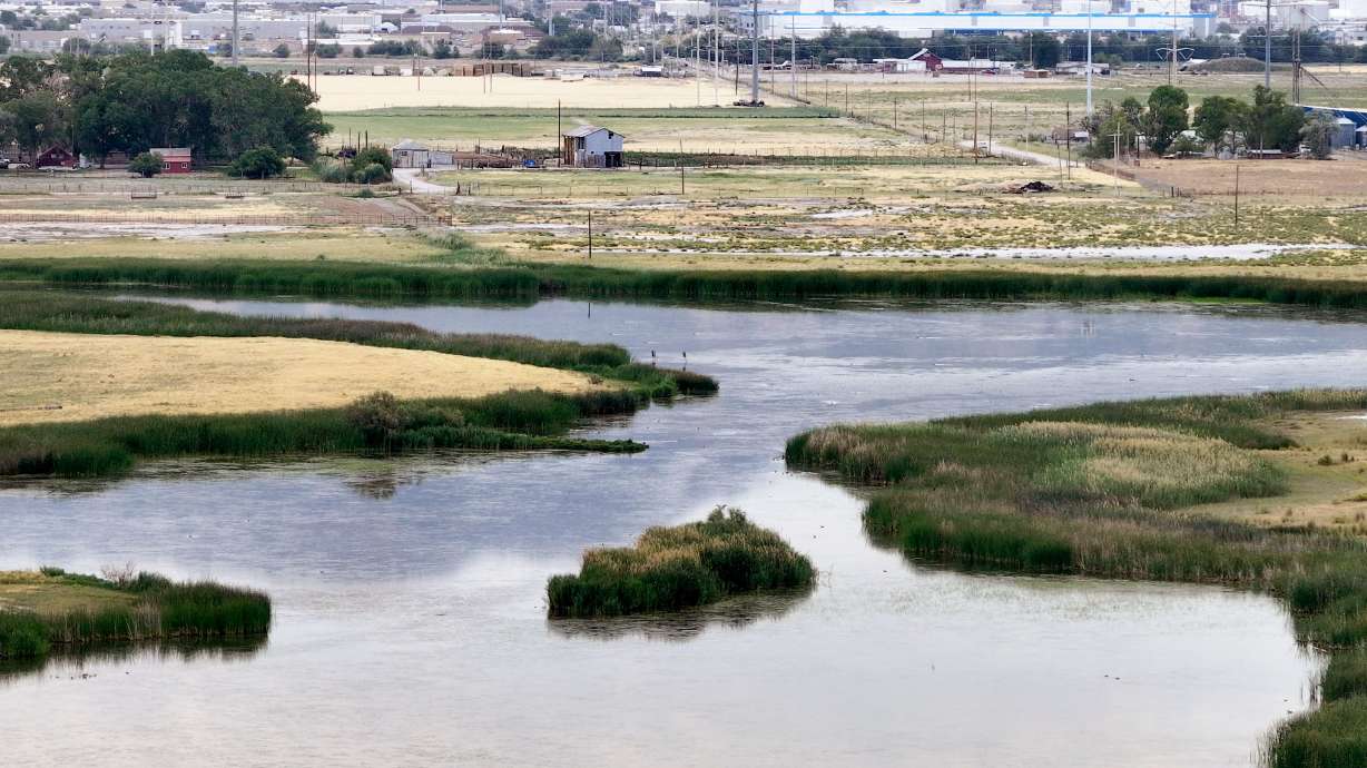 Wetlands of the Great Salt Lake and industrial properties located on 2200 West in Salt Lake City on Wednesday. The Utah Inland Port Authority announced new funding and partnerships that seek to improve the Great Salt Lake ecosystem.