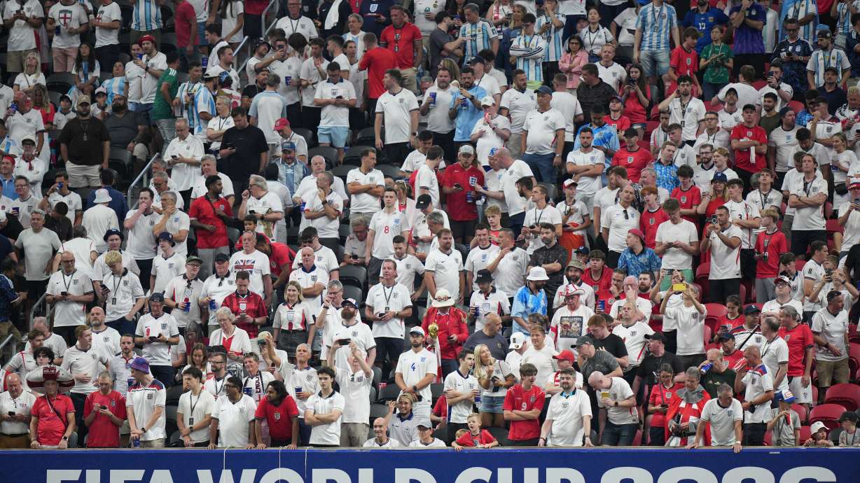 England supporters fill the stands before the start of the World Cup semifinal soccer match between England and Argentina in Atlanta, Wednesday, July 15, 2026.