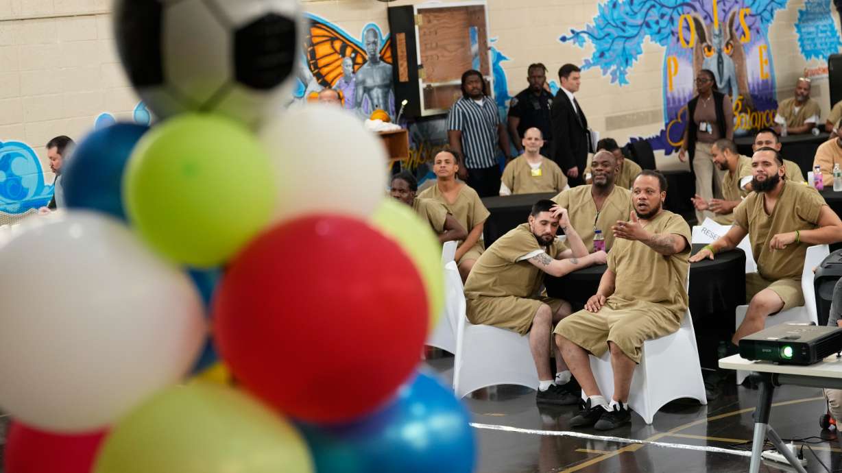 Rikers Island inmates react as they watch the World Cup semifinal soccer match between England and Argentina, at the jail complex in New York, Wednesday, July 15, 2026.