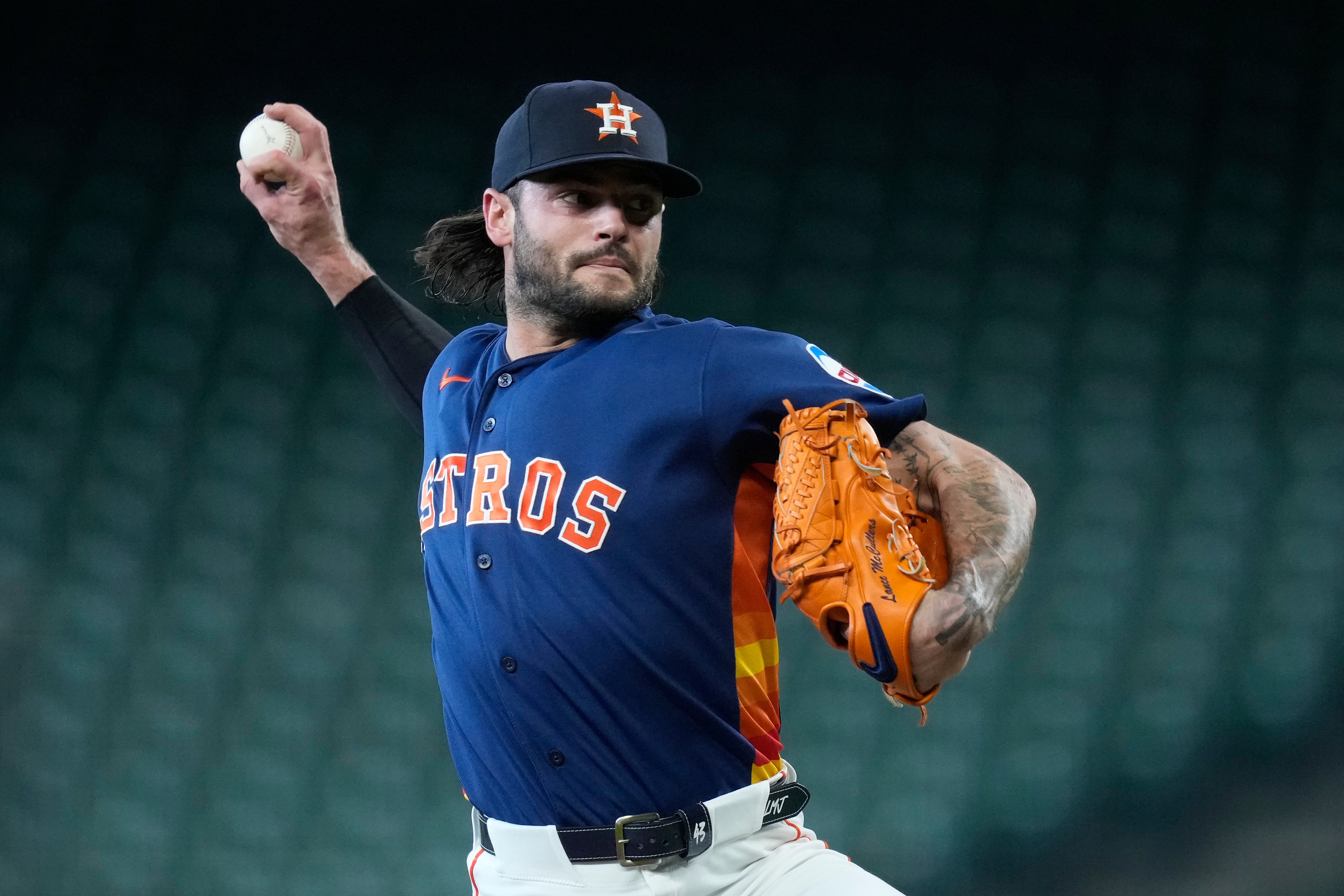 FILE - Lance McCullers Jr. of the Houston Astros throws to live batters before a baseball game against the Cleveland Guardians, June 19, 2026, in Houston. 