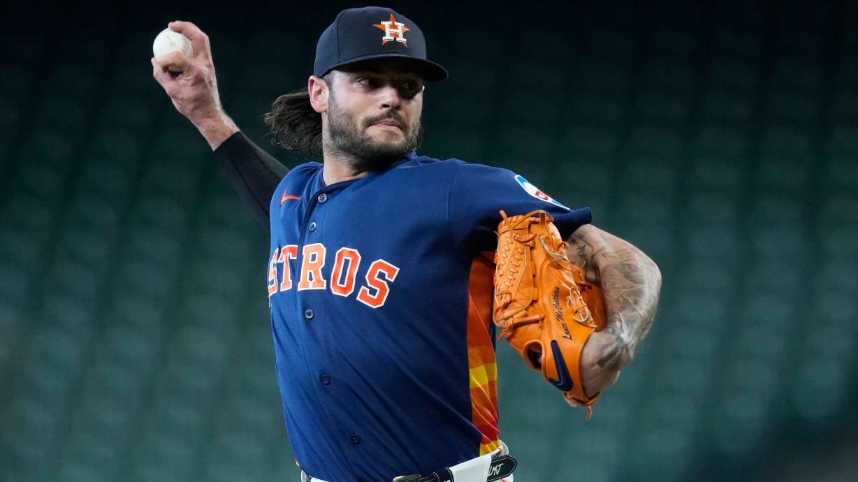 FILE - Lance McCullers Jr. of the Houston Astros throws to live batters before a baseball game against the Cleveland Guardians, June 19, 2026, in Houston.
