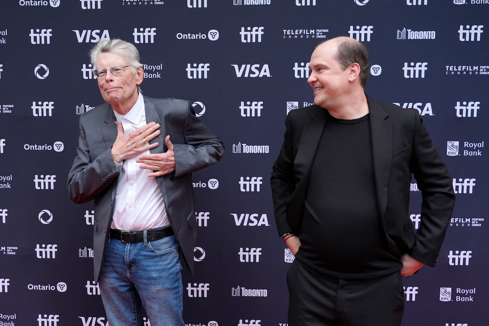 Stephen King, left, and Mike Flanagan attend the premiere of "The Life of Chuck" during the Toronto International Film Festival on Sept. 6, 2024, at Princess of Wales Theatre in Toronto.
