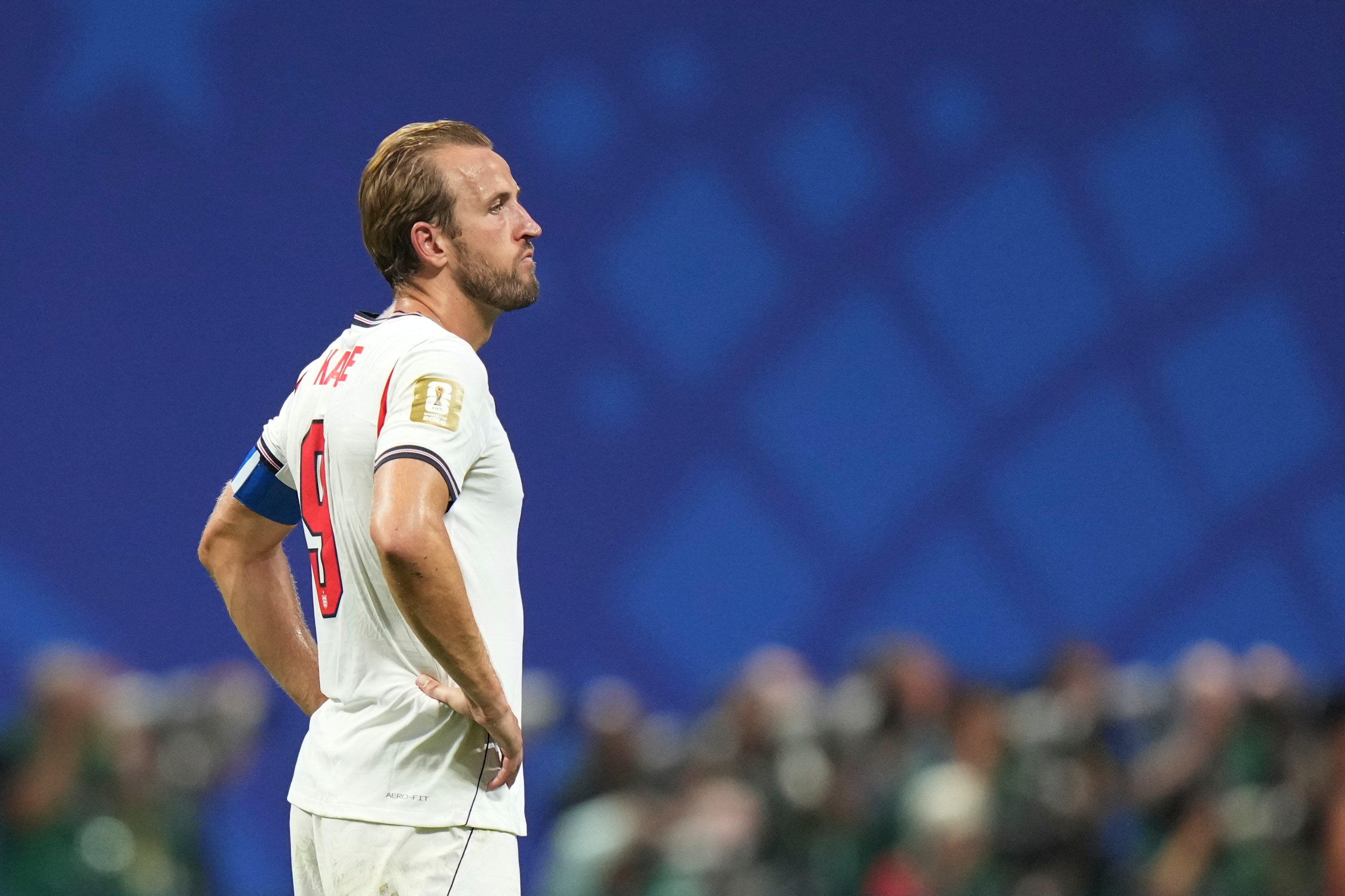 England's Harry Kane (9) reacts after the World Cup semifinal soccer match between England and Argentina in Atlanta, Wednesday, July 15, 2026. 