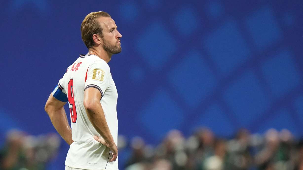 England's Harry Kane (9) reacts after the World Cup semifinal soccer match between England and Argentina in Atlanta, Wednesday, July 15, 2026.