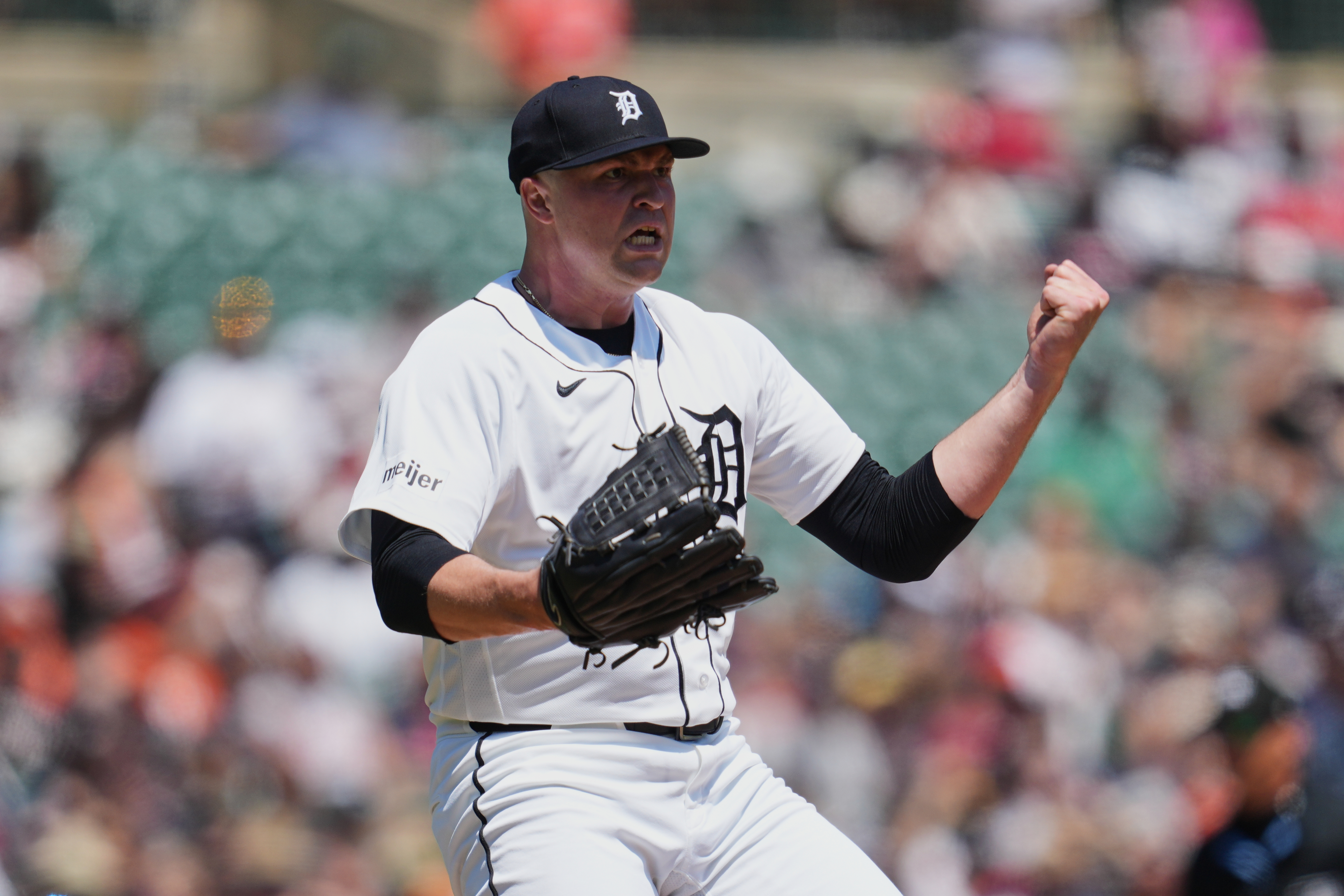 Detroit Tigers pitcher Tarik Skubal reacts to striking out Philadelphia Phillies' Kyle Schwarber to end the fifth inning Sunday, July 12, 2026, in Detroit. 