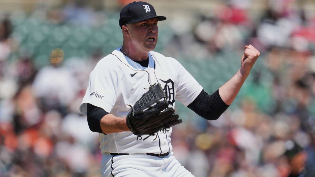 Detroit Tigers pitcher Tarik Skubal reacts to striking out Philadelphia Phillies' Kyle Schwarber to end the fifth inning Sunday, July 12, 2026, in Detroit.