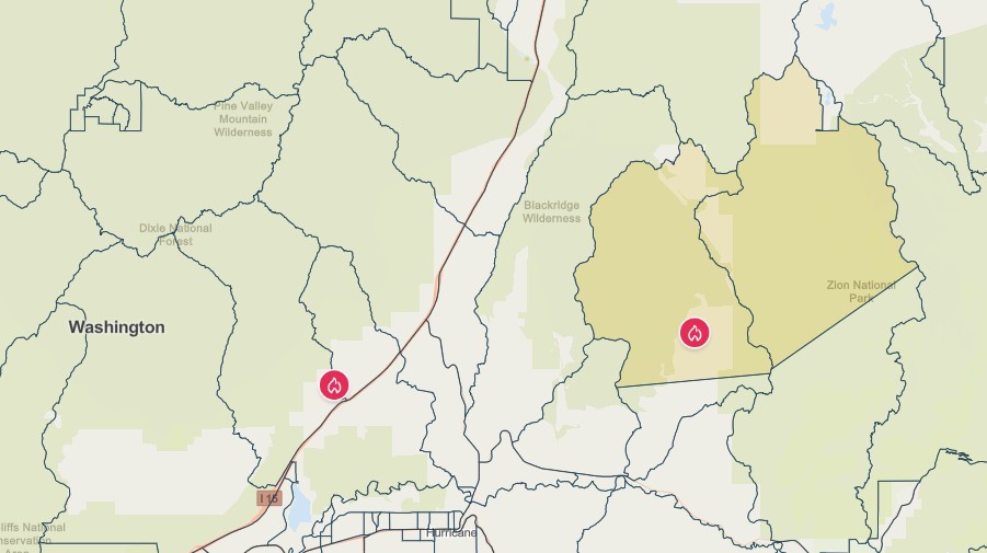 A map showing two areas under an evacuation warning due to the Mesa fire.