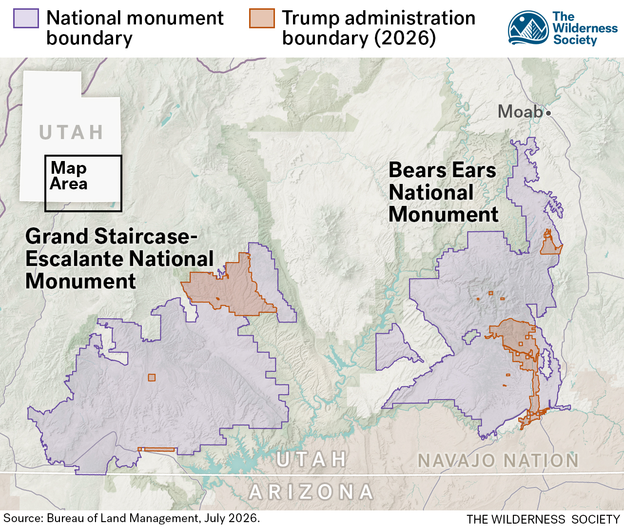A map shows the change in federally protected National Monument land in southern Utah, reducing Grand Staircase-Escalante and Bears Ears National Monuments by 91%, widely circulated July 15, 2026.