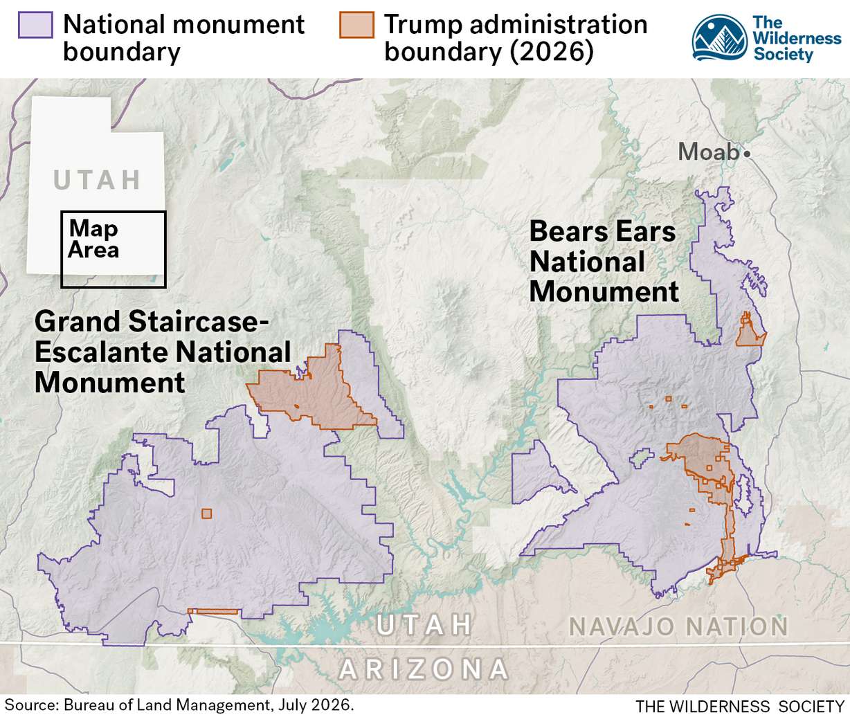 A map shows the change in federally protected National Monument land in southern Utah, reducing Grand Staircase-Escalante and Bears Ears National Monuments by 91%, widely circulated July 15, 2026.