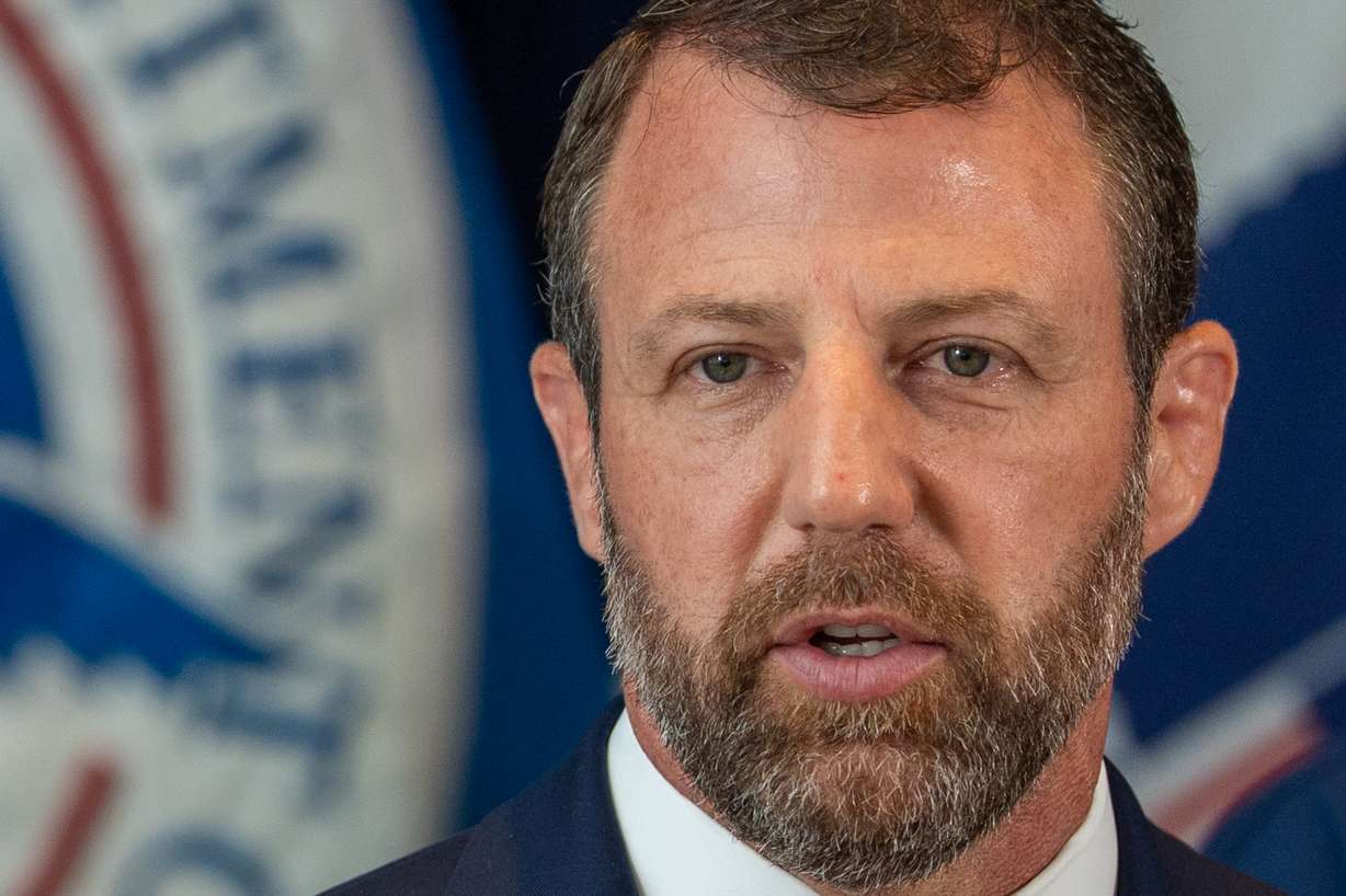 Department of Homeland Security Secretary Markwayne Mullin speaks during a news conference on July 1 in New York. The DHS proposed a $70,000 fee for international students in Optional Practical Training programs.