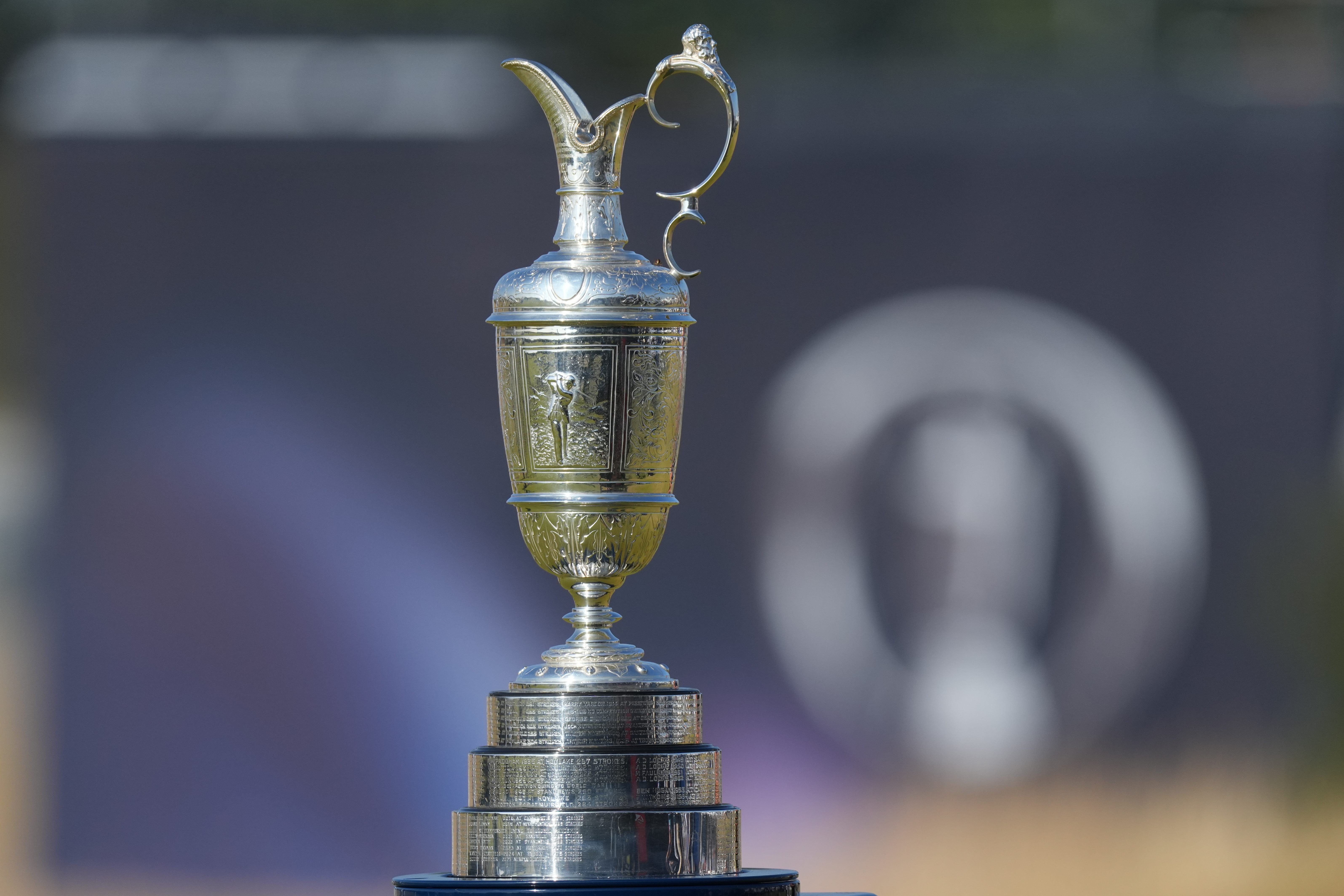 The Claret Jug trophy which will be presented to the winning golfer on display at the driving range ahead of the British Open Golf championships at Royal Birkdale golf club, in Southport, England, Wednesday, July 15, 2026. 
