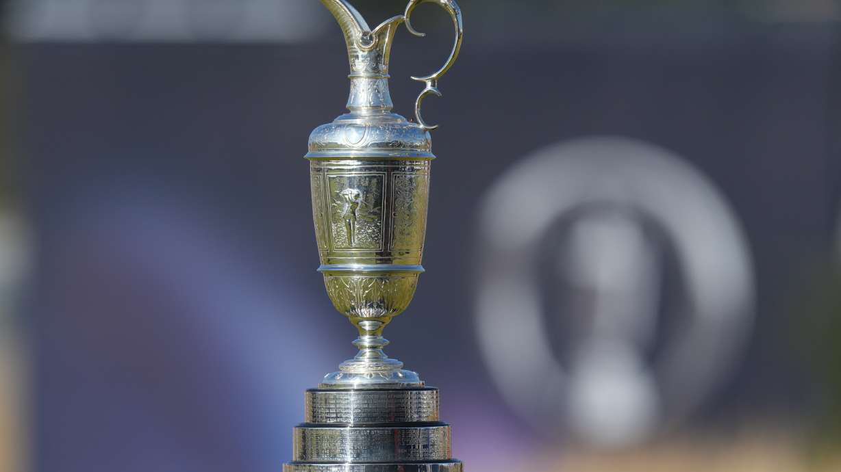 The Claret Jug trophy which will be presented to the winning golfer on display at the driving range ahead of the British Open Golf championships at Royal Birkdale golf club, in Southport, England, Wednesday, July 15, 2026.