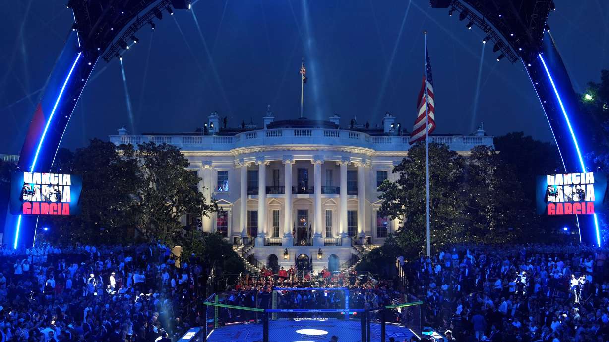 FILE - President Donald Trump arrives at the arena for the UFC Freedom 250 on the South Lawn of the White House, June 14, 2026, in Washington.