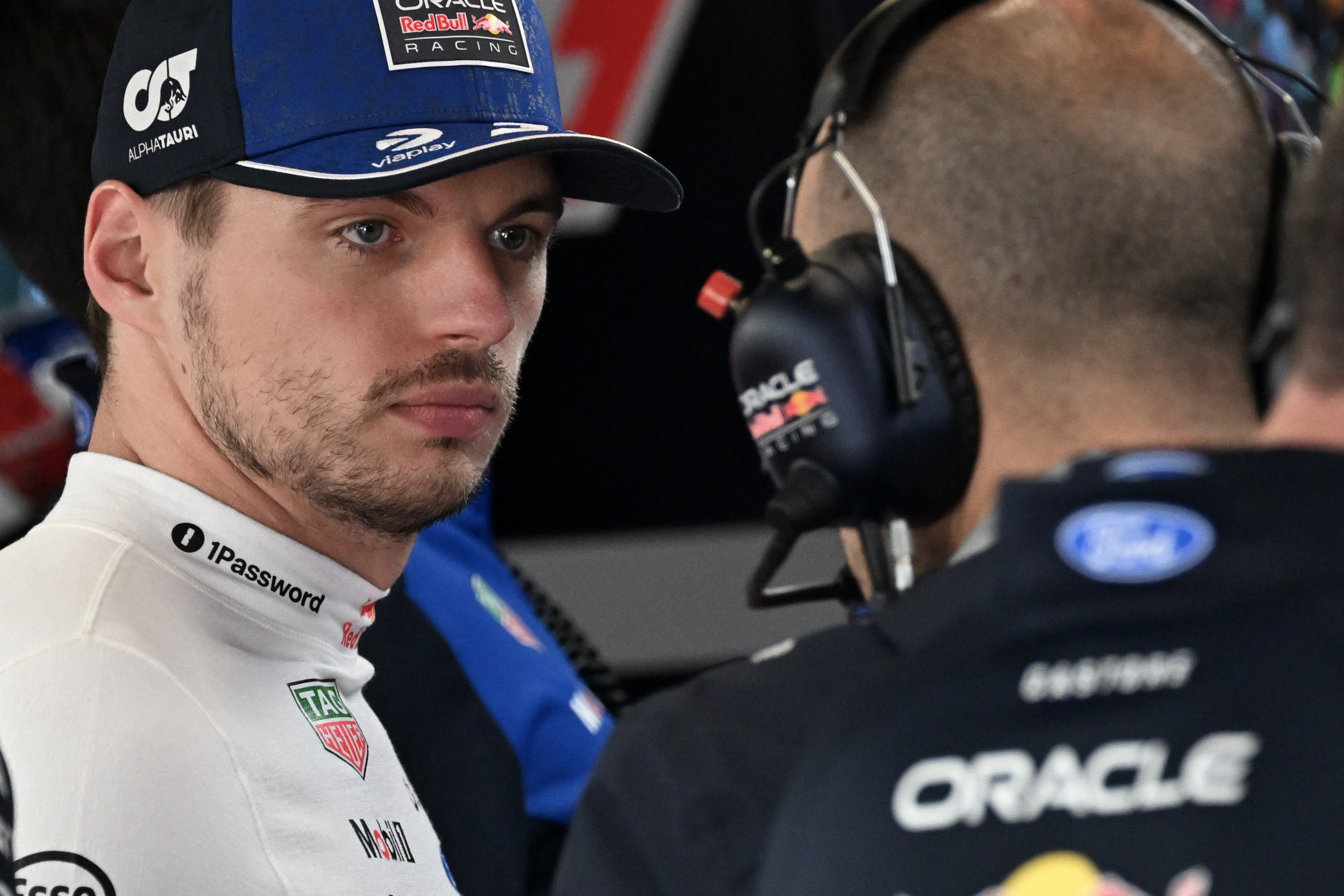 Red Bull driver Max Verstappen of the Netherlands, left, prepares for the qualifying session ahead of the British F1 Grand Prix, in Silverstone, England, Saturday, July 4, 2026. 