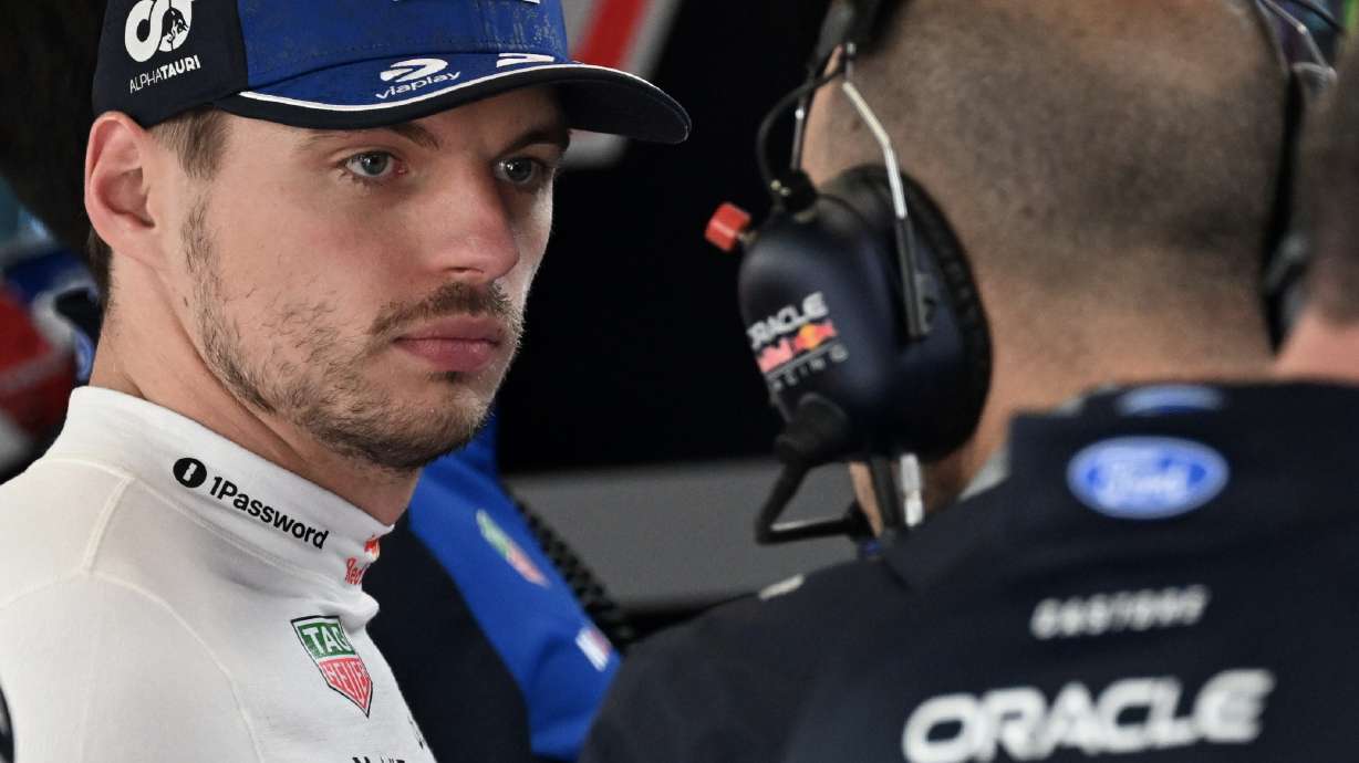 Red Bull driver Max Verstappen of the Netherlands, left, prepares for the qualifying session ahead of the British F1 Grand Prix, in Silverstone, England, Saturday, July 4, 2026.