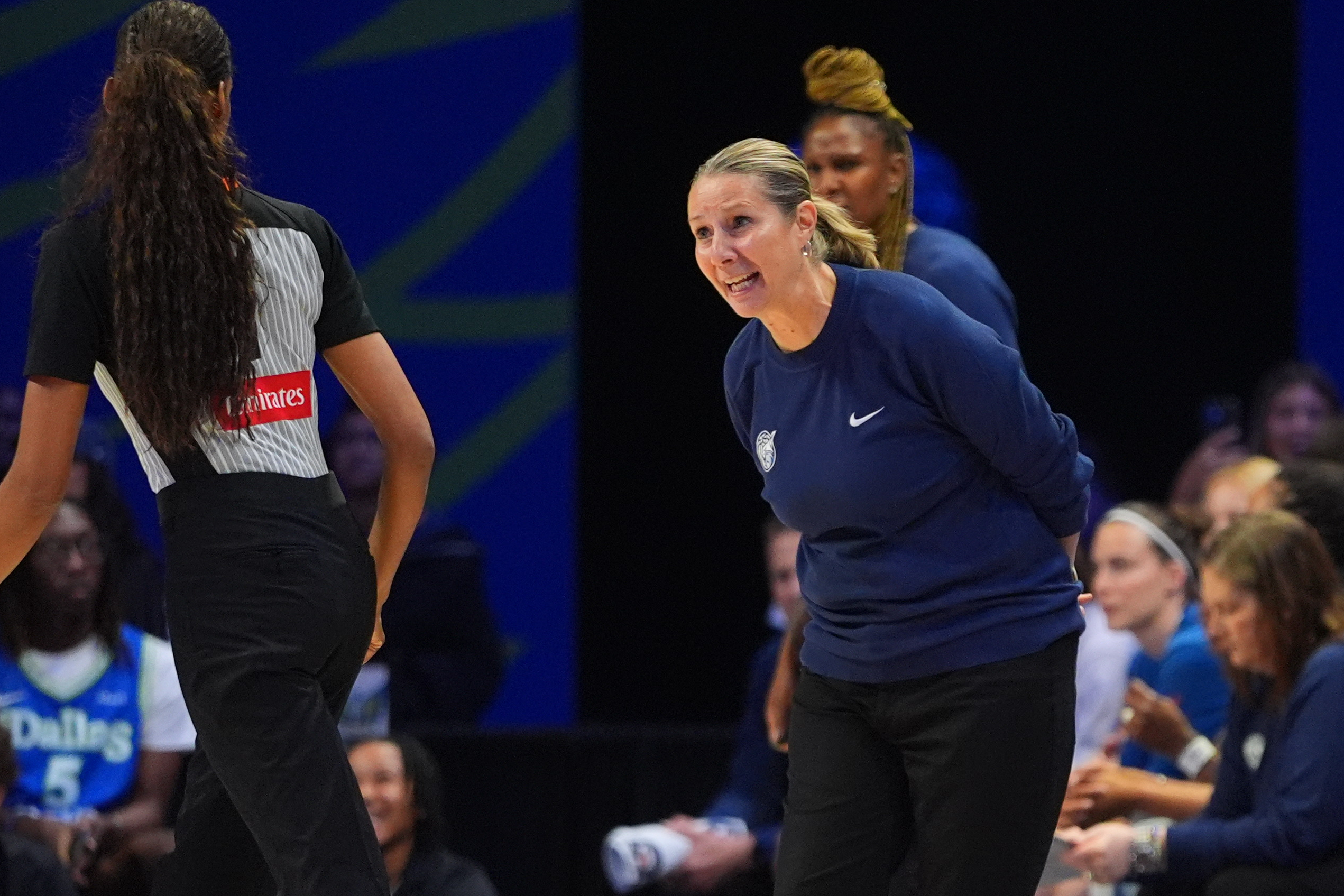 Minnesota Lynx head coach Cheryl Reeve, right, questions a call during the second half of a WNBA basketball game against the Dallas Wings in Arlington, Texas, Sunday, June 28, 2026. 