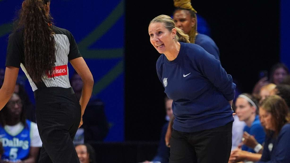 Minnesota Lynx head coach Cheryl Reeve, right, questions a call during the second half of a WNBA basketball game against the Dallas Wings in Arlington, Texas, Sunday, June 28, 2026.