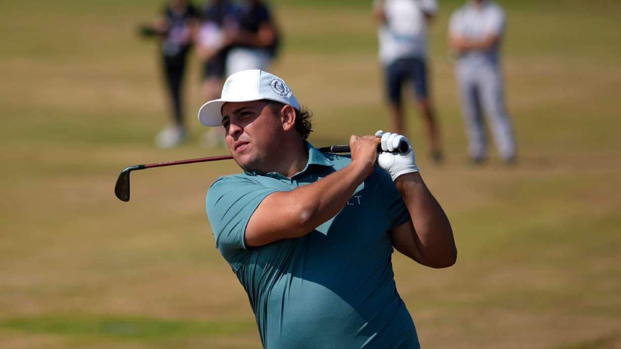 Mateo Pulcini of Argentina plays of the 10th fairway during a practice round for the British Open Golf championships at Royal Birkdale golf club, in Southport, England, Wednesday, July 15, 2026.